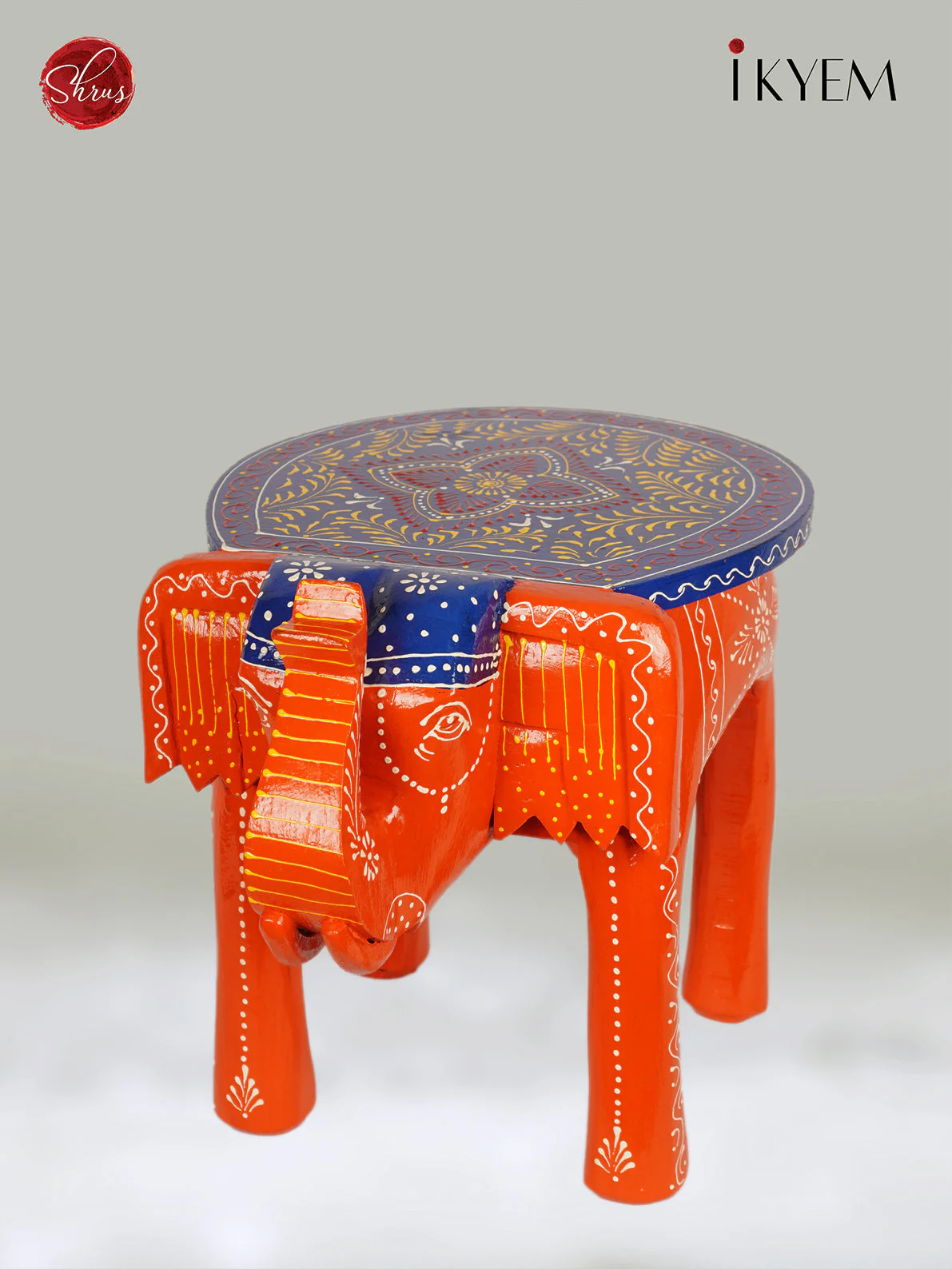 Wooden Hand Painted Elephant Stool - 12 Inch -3I08265