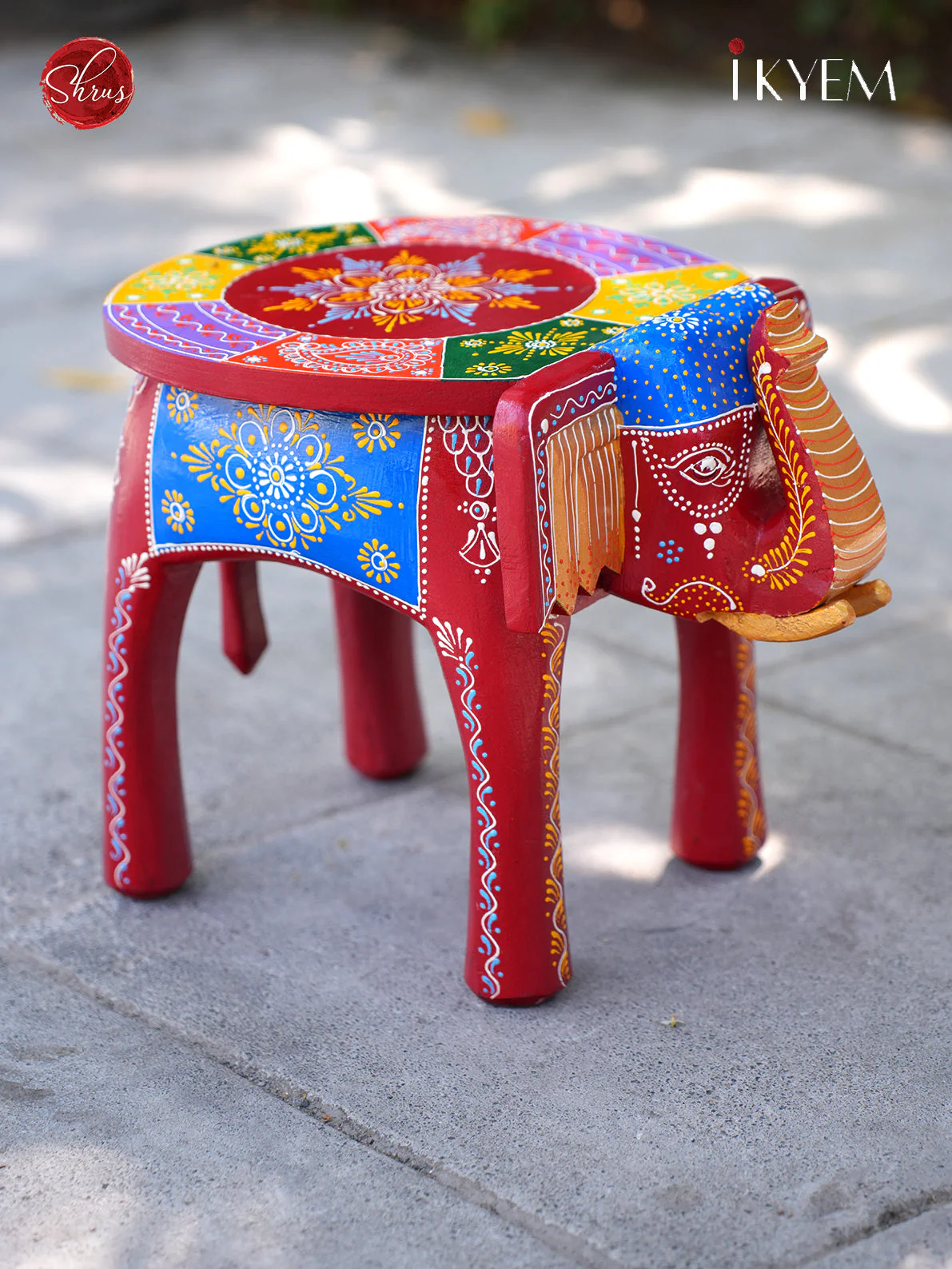 Wooden Handpainted Elephant Stool - Image 3