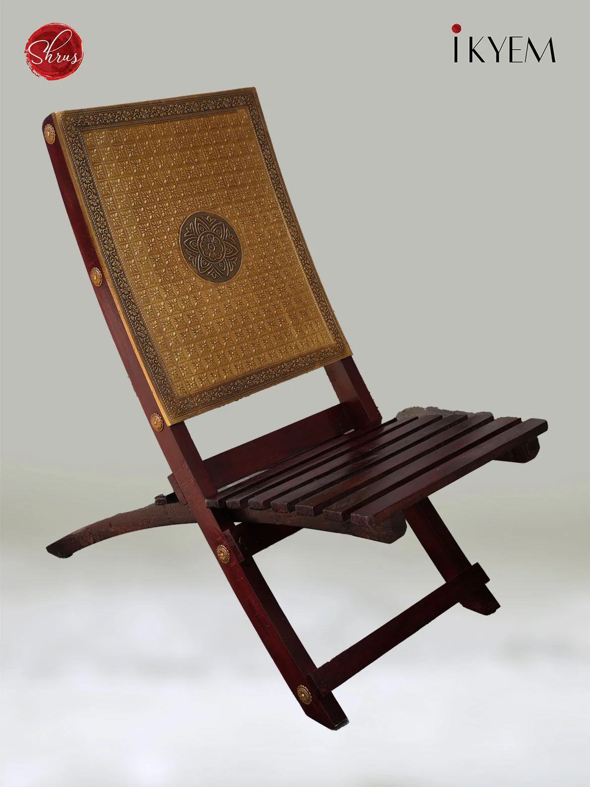 WOODEN CHAIR WITH BRASS EMBELLISHMENTS
