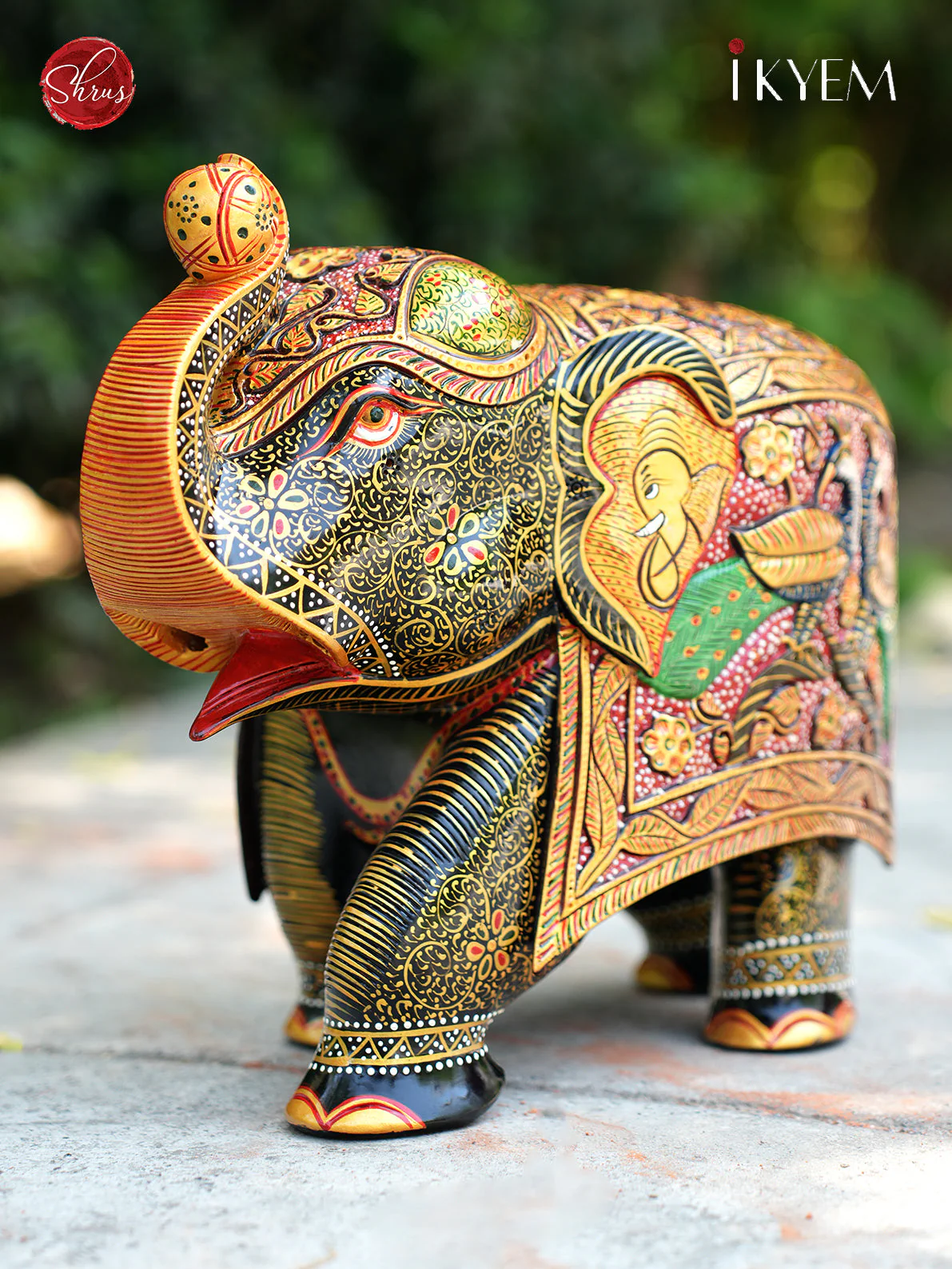 Wooden Elephant Idol with Pure Gold Foil Work - Image 2