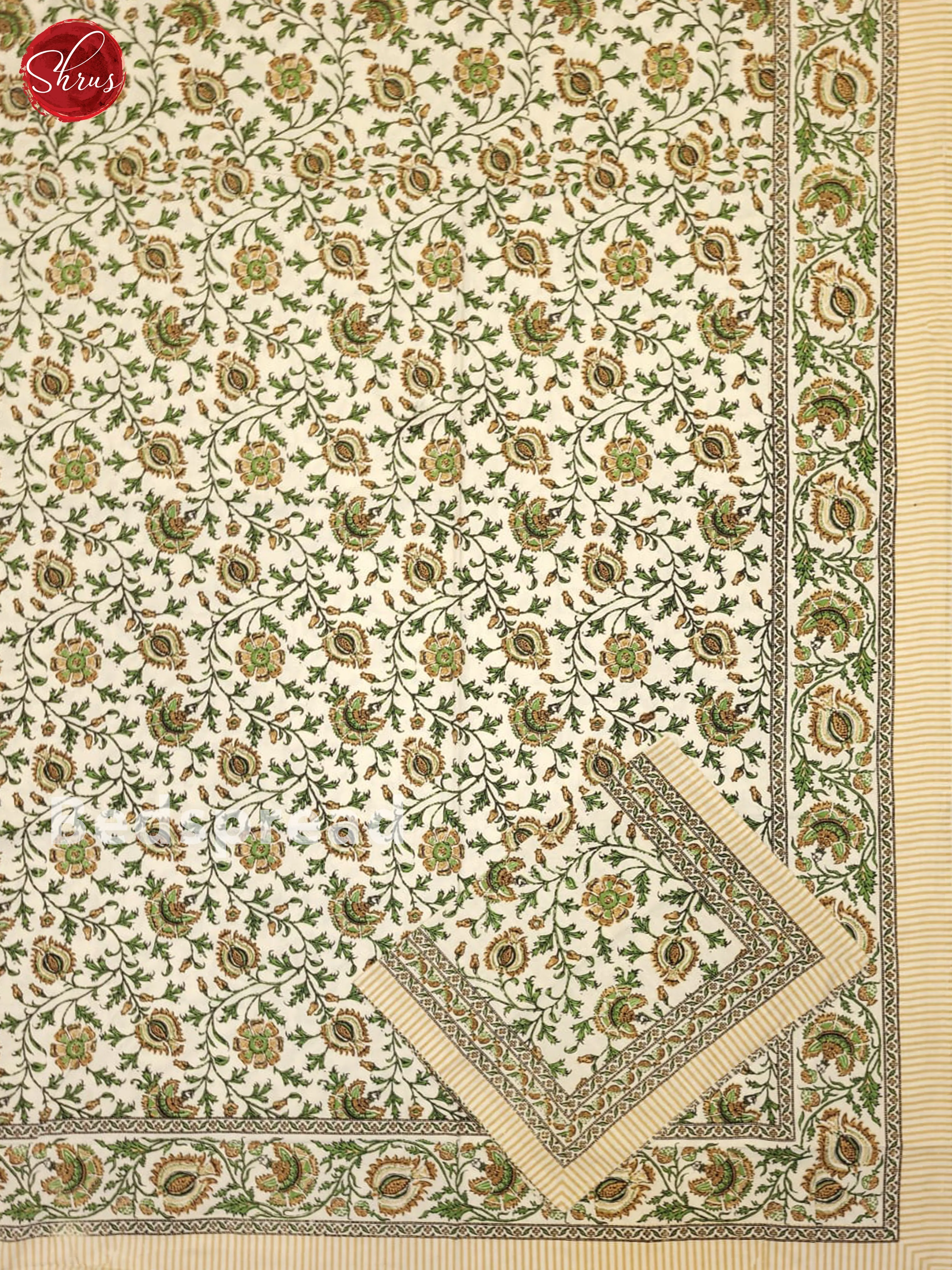 Cream & Green- Jaipuri Printed Double Bed Spread - Image 2