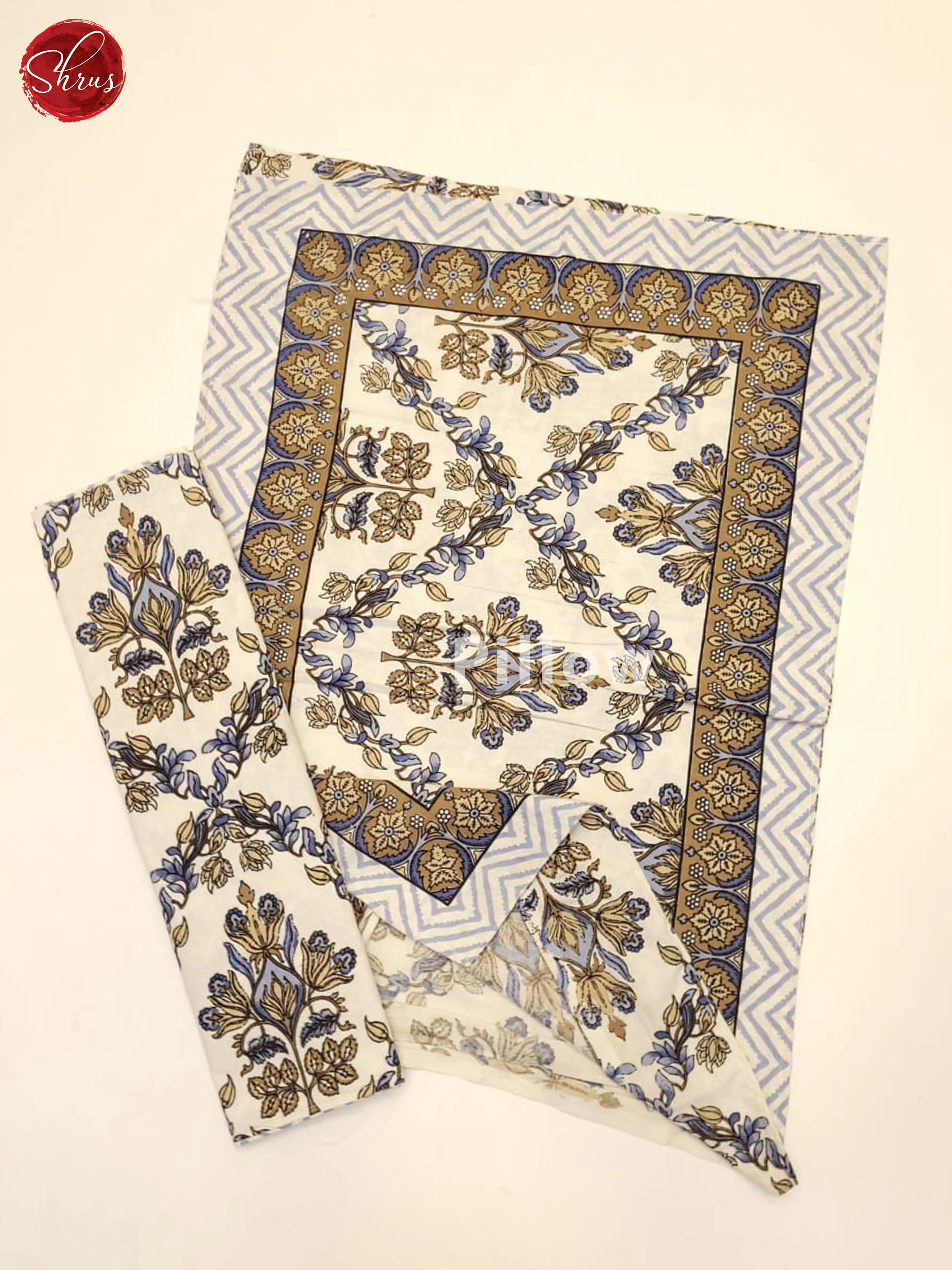 Cream & Blue- Jaipuri Printed Double Bed Spread - Image 3