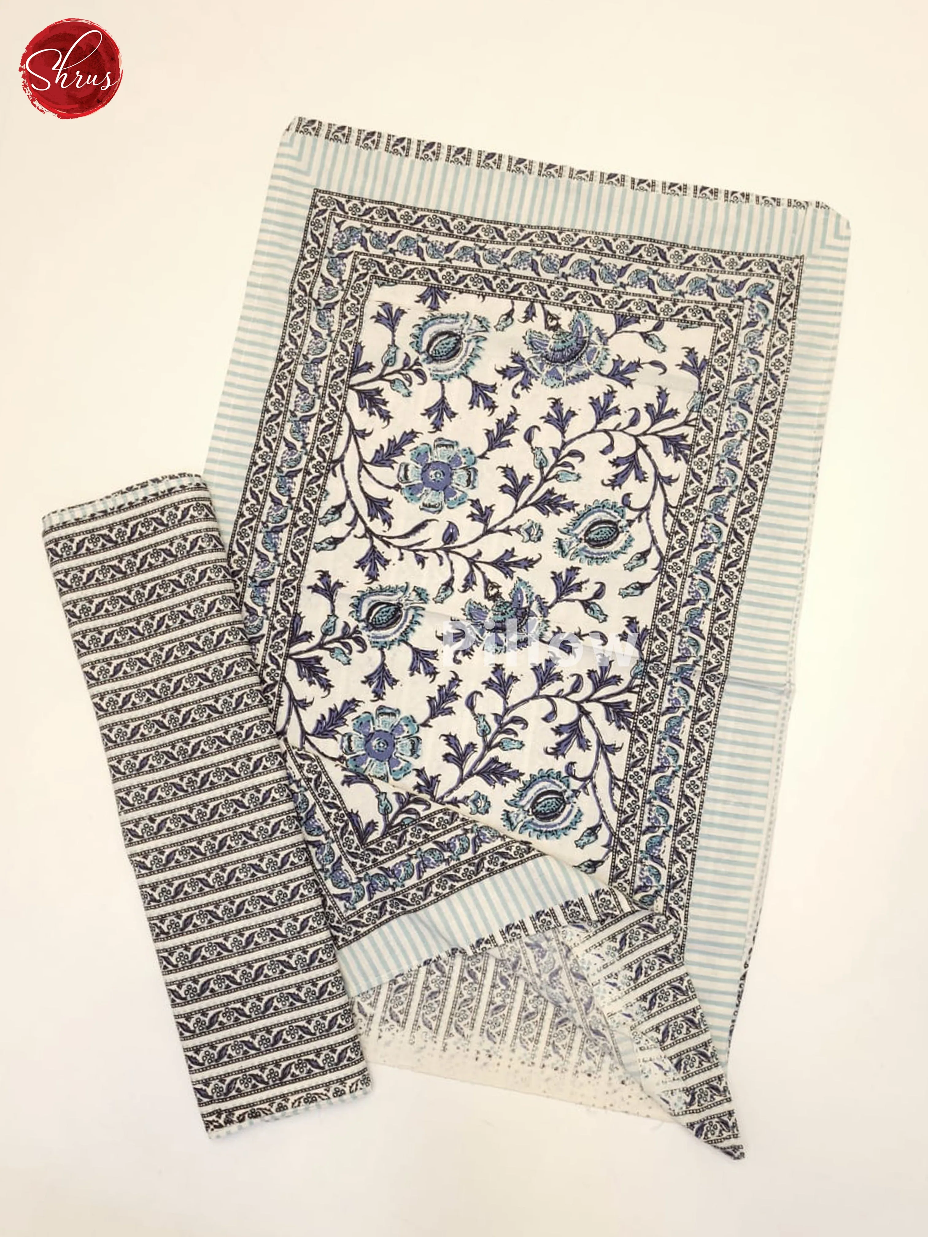 Cream & Blue-  Jaipuri Printed Double Bed Spread - Image 3