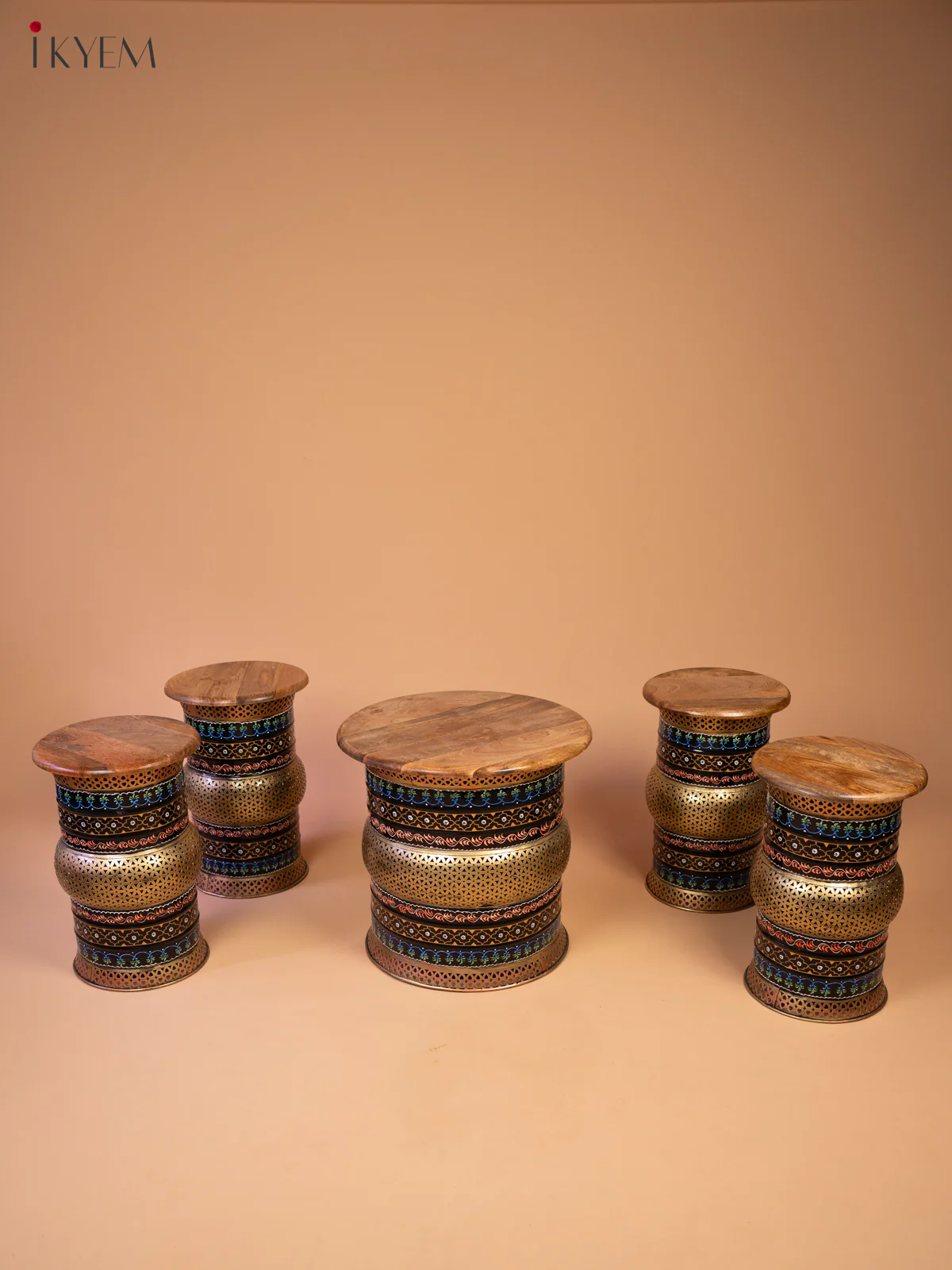 Rustic Hand painted Wooden Round Stool (Set of 5) - Image 4