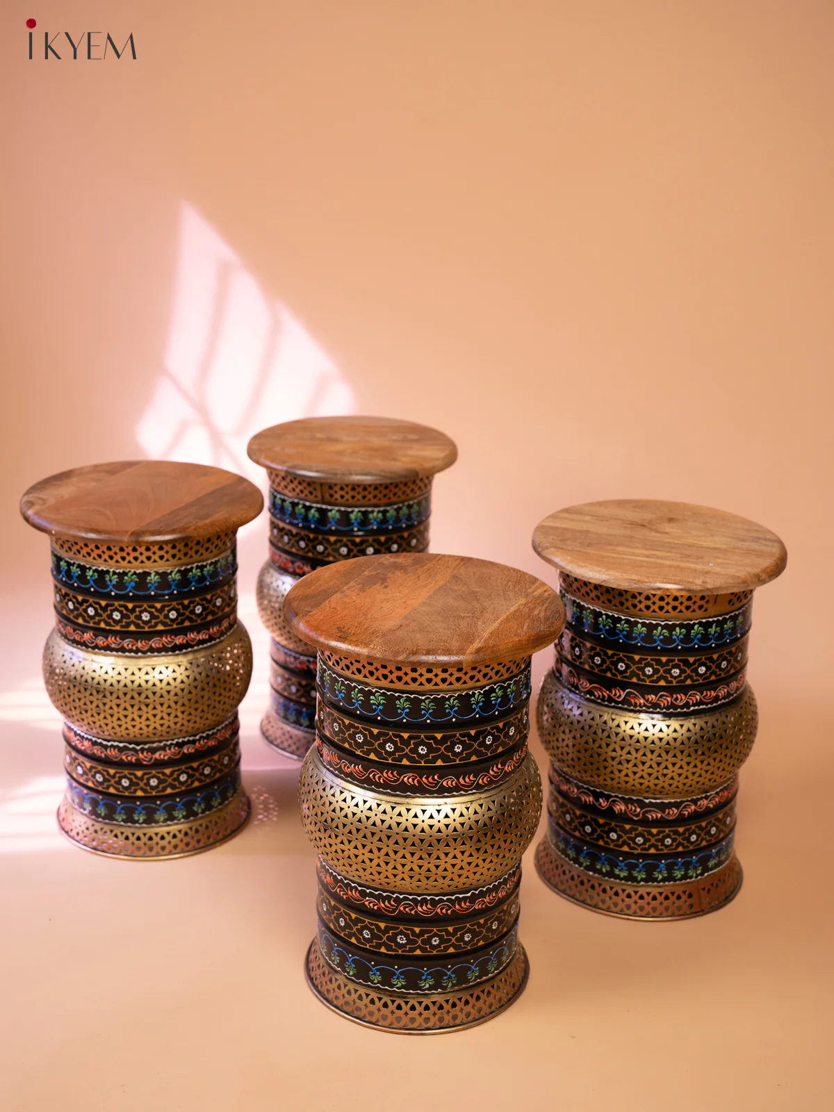 Rustic Hand painted Wooden Round Stool (Set of 5) - Image 7