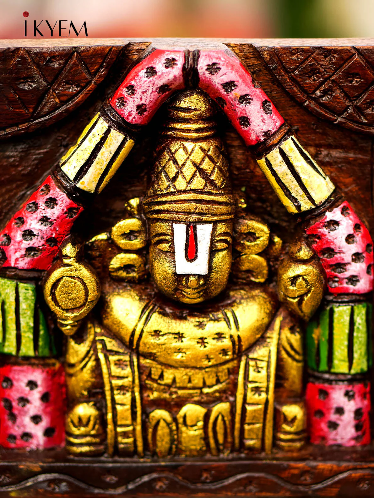 Wooden Hand Painted Carved Venkatachalapathy Perumal Panel - 4GJ09026 - Image 2