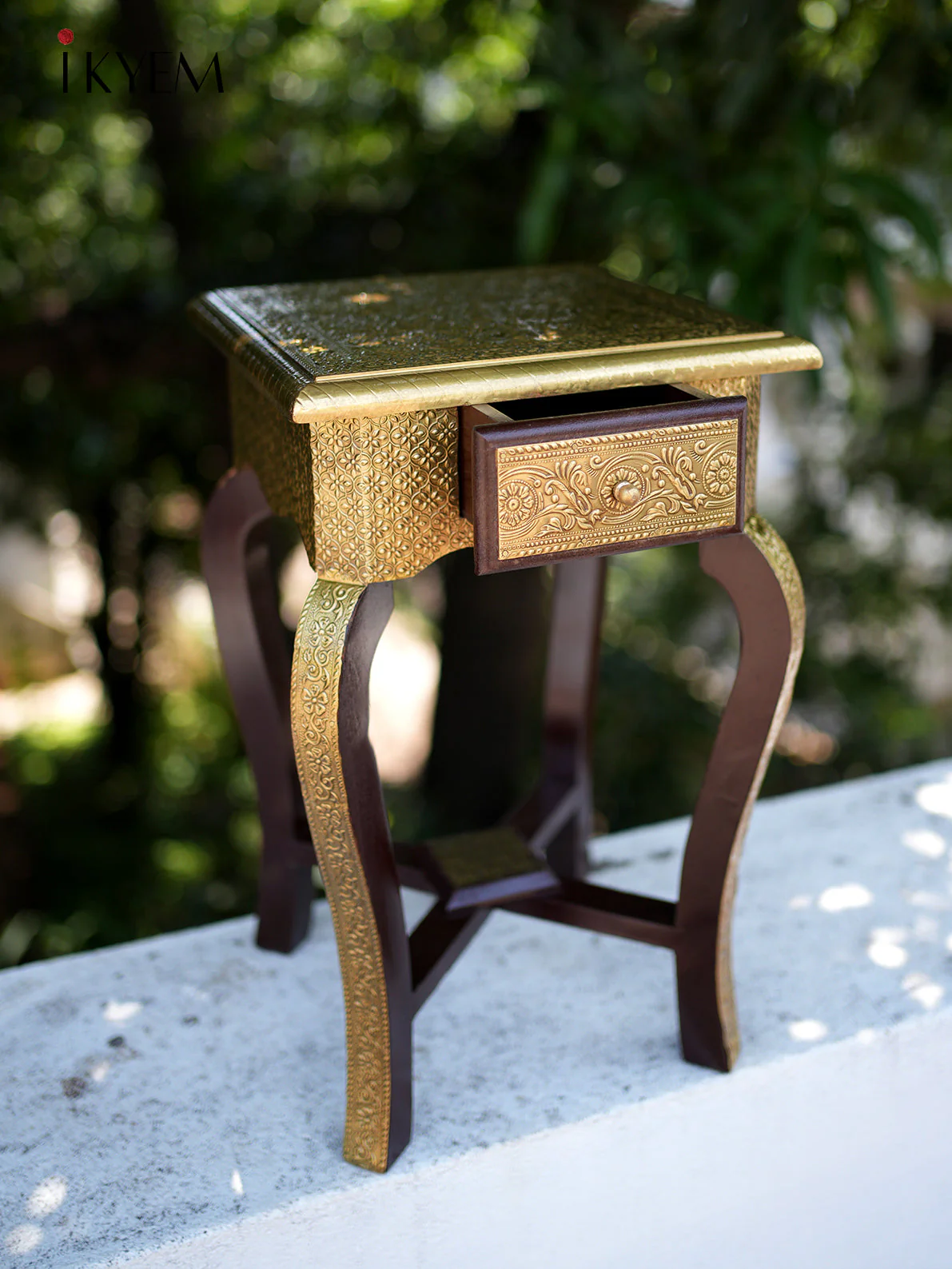 Brass Wood Stool with Drawer