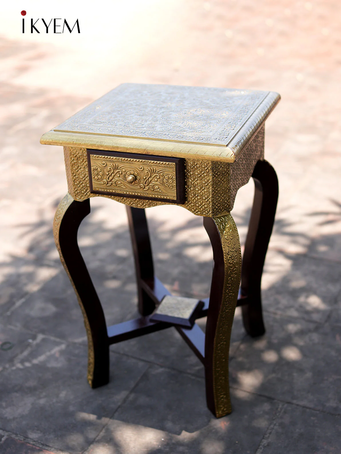 Brass Wood Stool with Drawer - Image 4