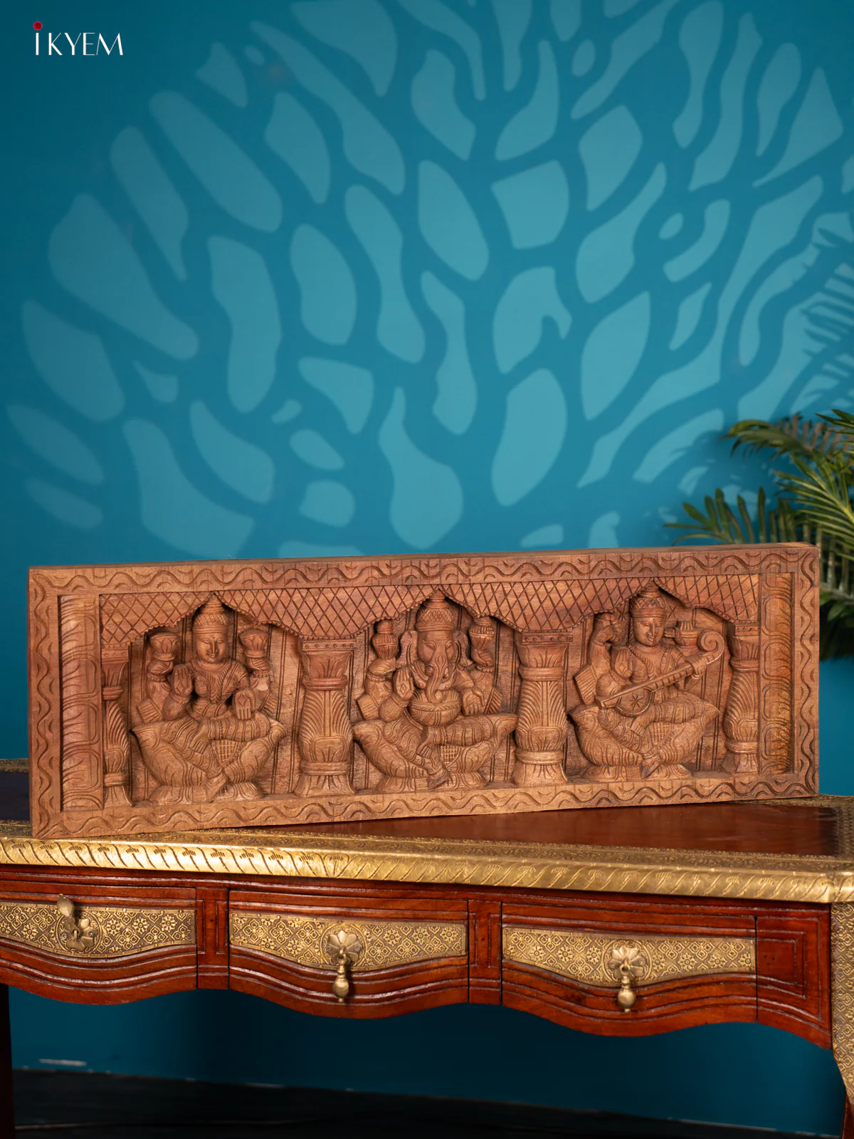 Ganesh, Sarswathi & Lakshmi wood carved panel - Image 6