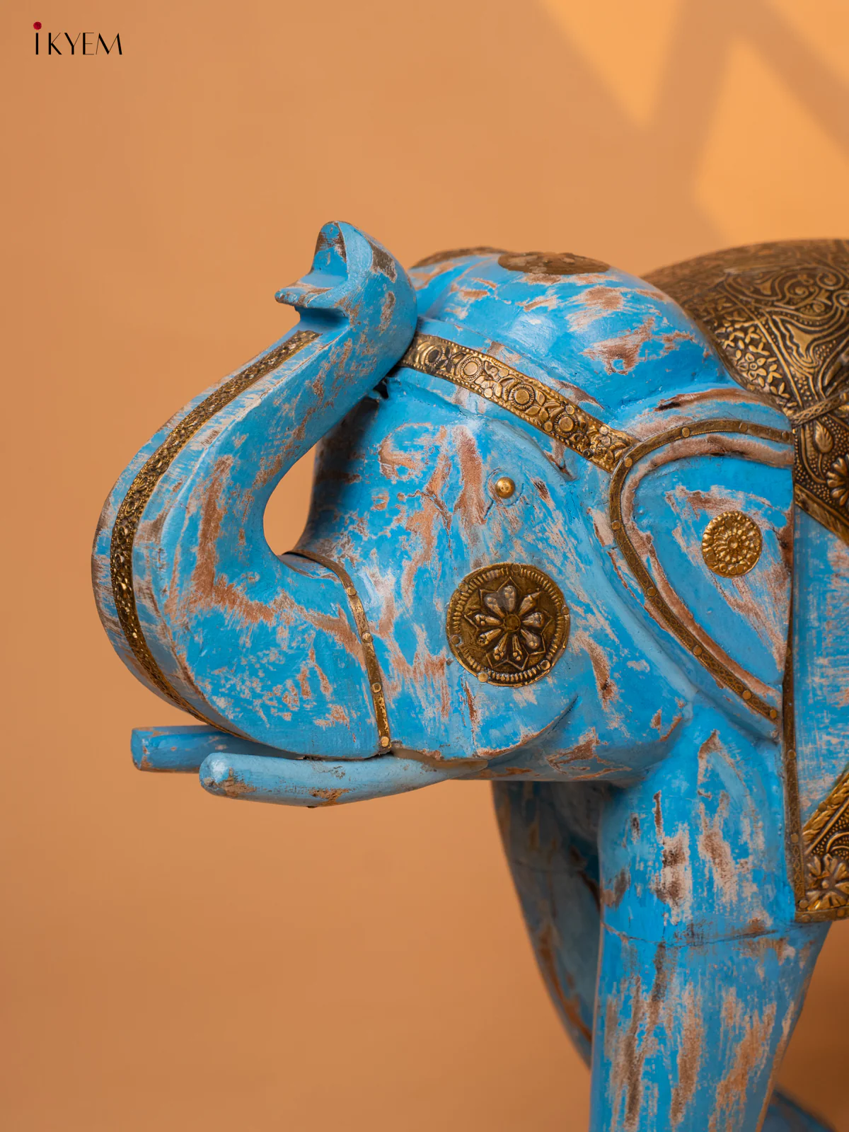 UPWARD TRUNK WOOD ELEPHANT WITH BRASS LADEN - Image 4