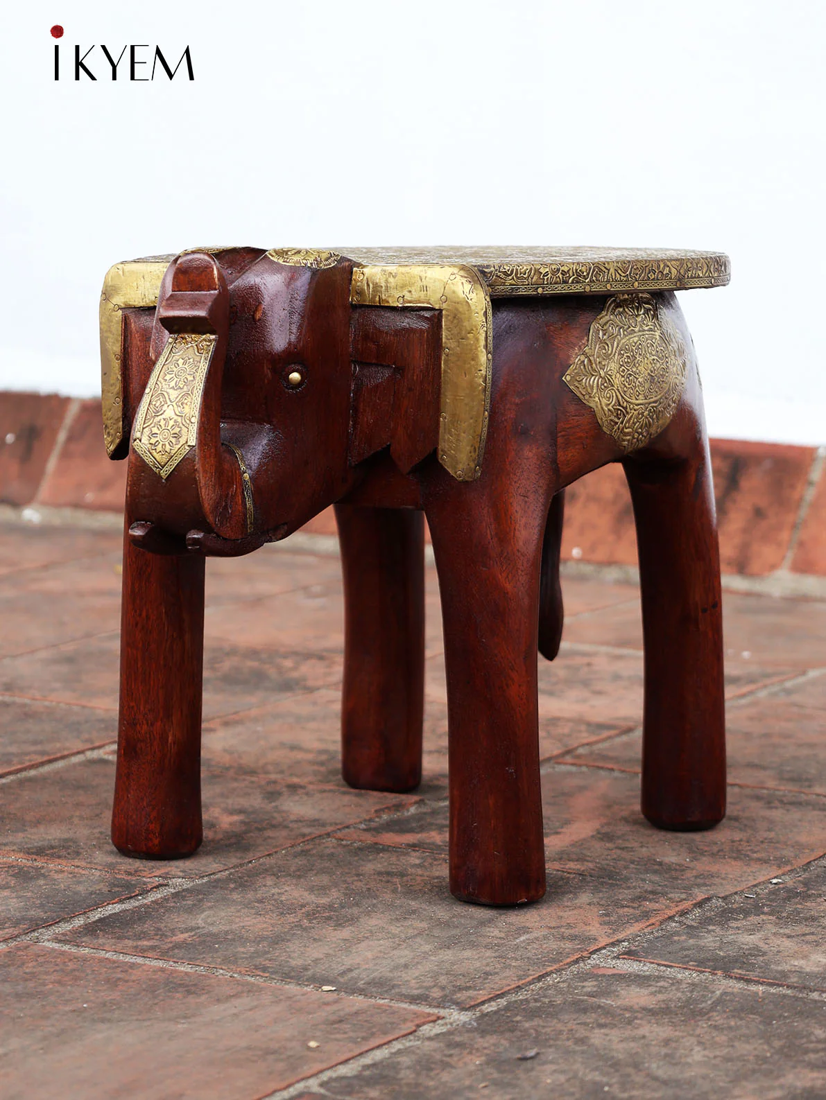 Wooden Elephant Stool with Brass Embellishment - Image 2