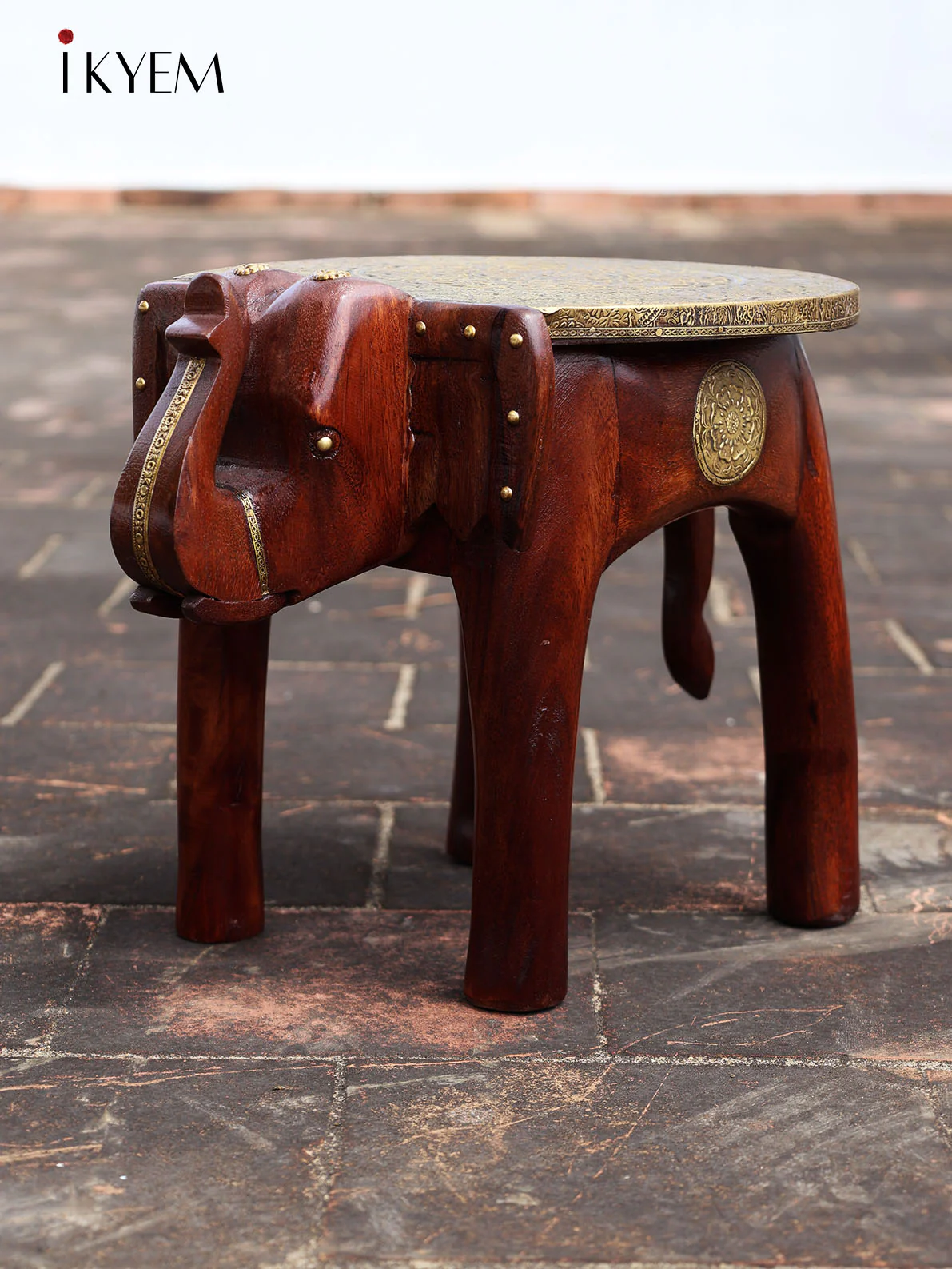 Wooden Elephant stool with Brass - Image 2