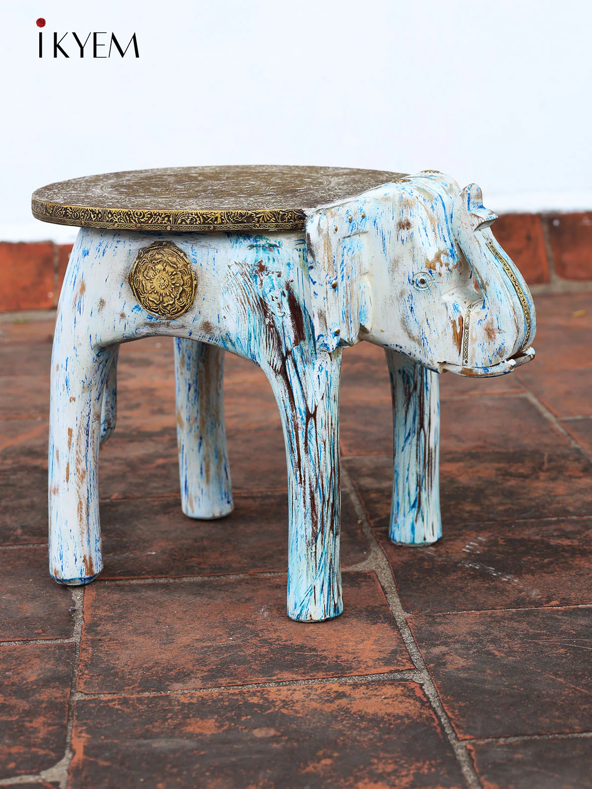 Rustic Blue Wooden Elephant stool/chowki with brass plating