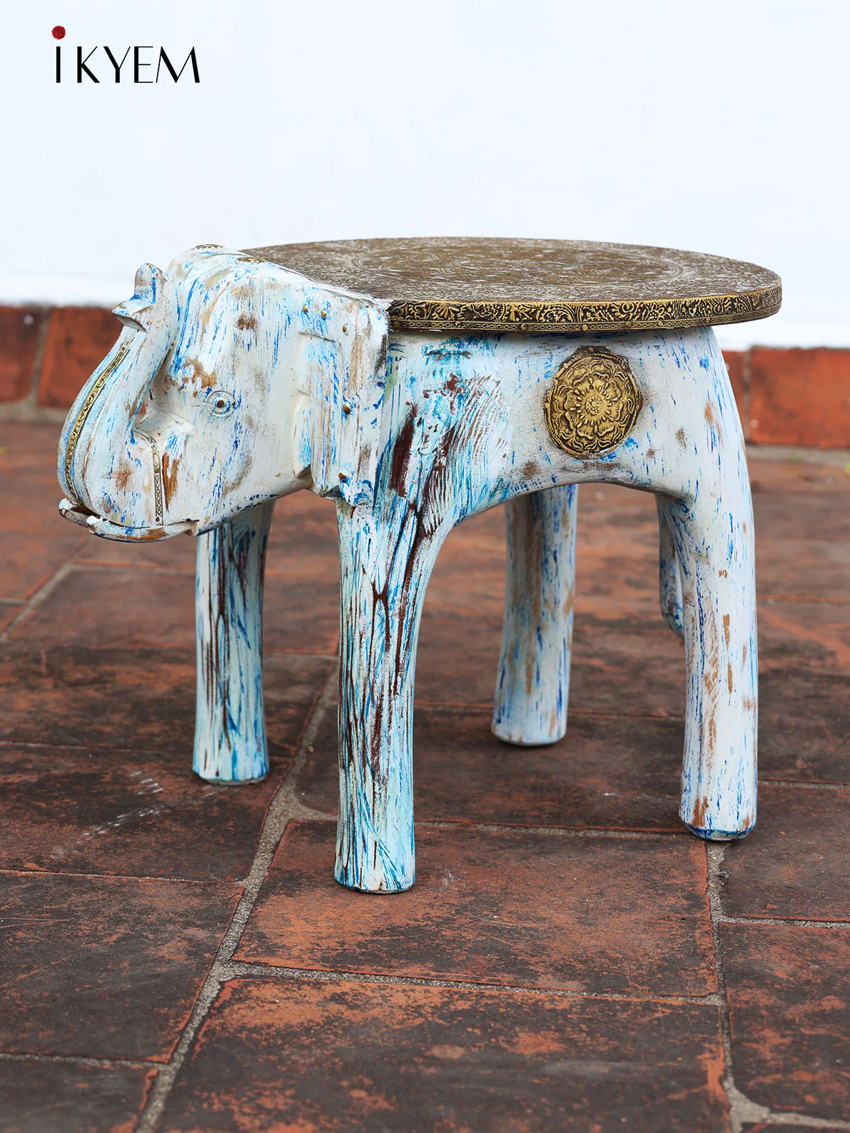 Rustic Blue Wooden Elephant stool/chowki with brass plating - Image 2