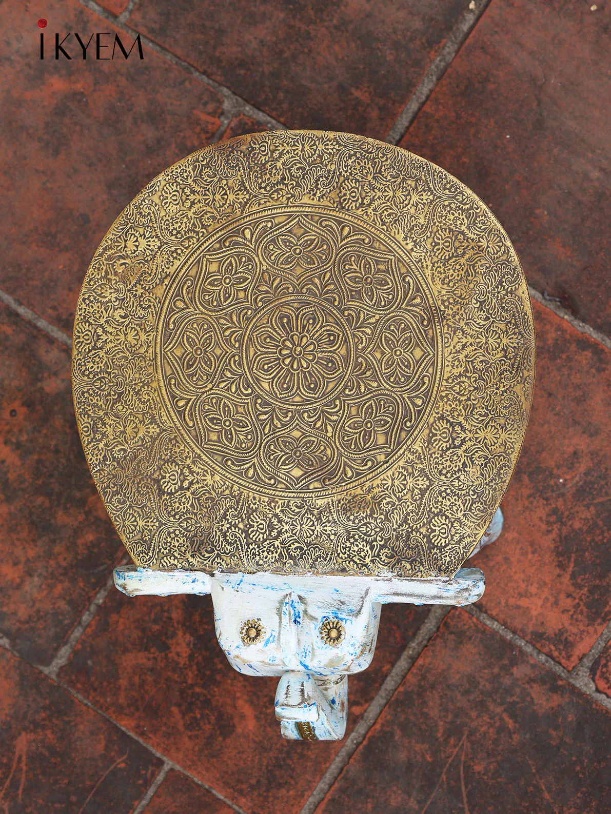 Rustic Blue Wooden Elephant stool/chowki with brass plating - Image 4