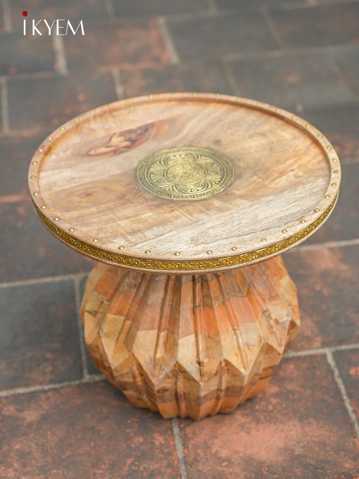 Unique Wooden Stool with Brass Accents - Image 2
