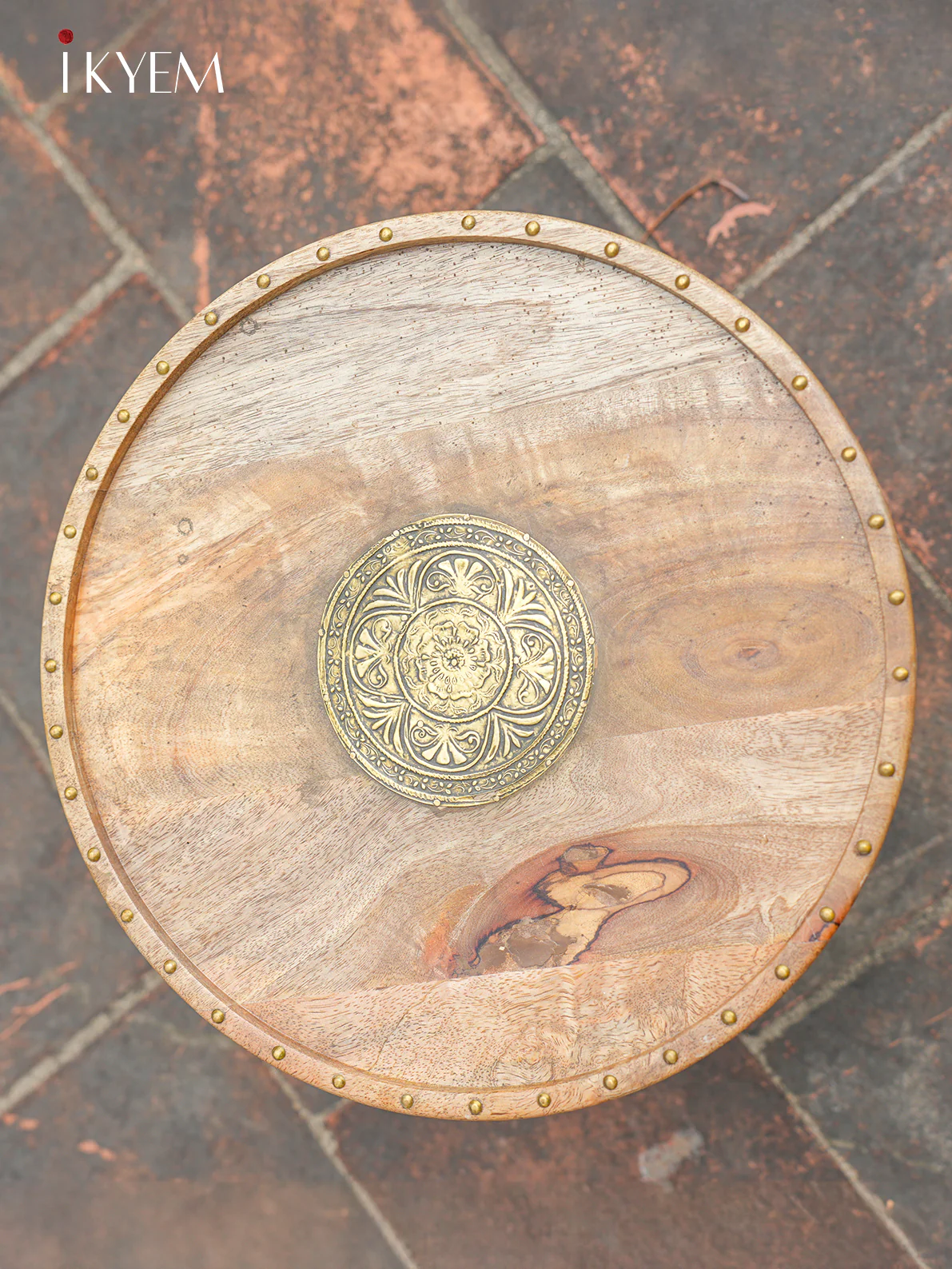 Unique Wooden Stool with Brass Accents - Image 4