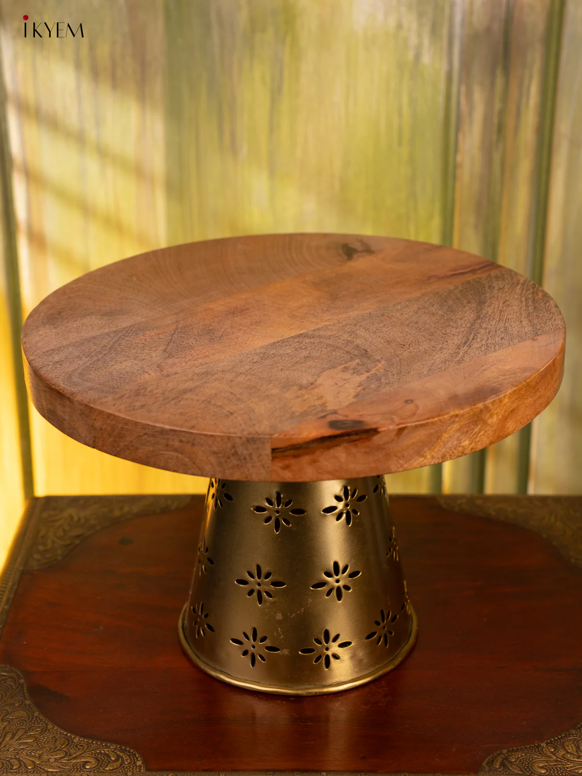 Round Wooden Stool with Brass Stand - IJ26212 - Image 2