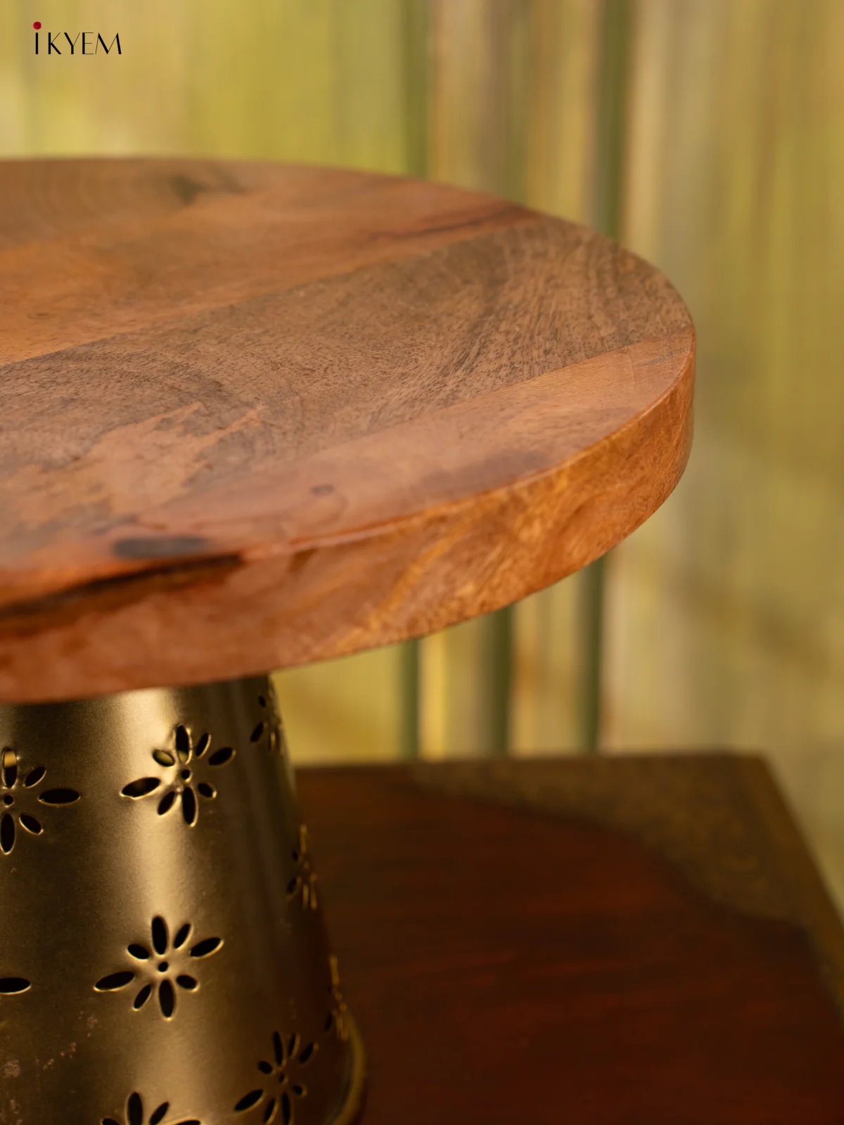 Round Wooden Stool with Brass Stand - IJ26212 - Image 3