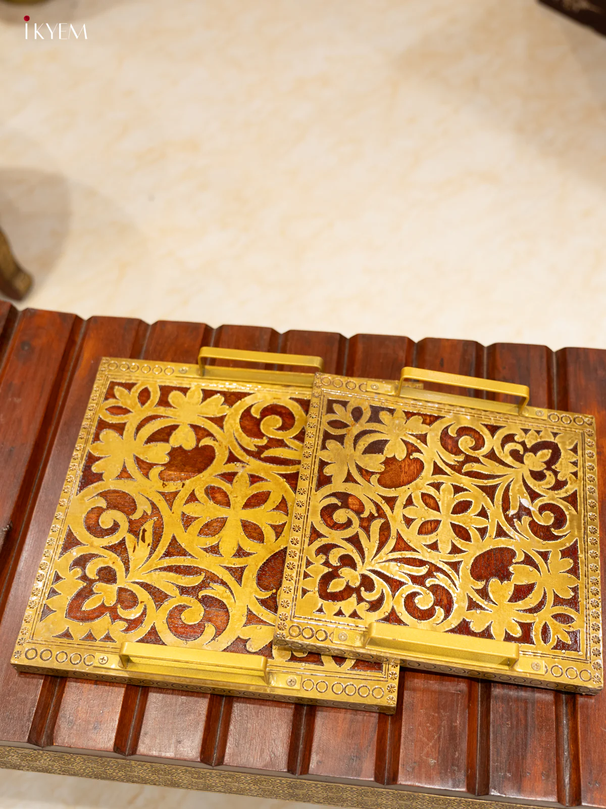 Intricately Carved Wooden Serving Tray Set with Brass Inlay - Image 3