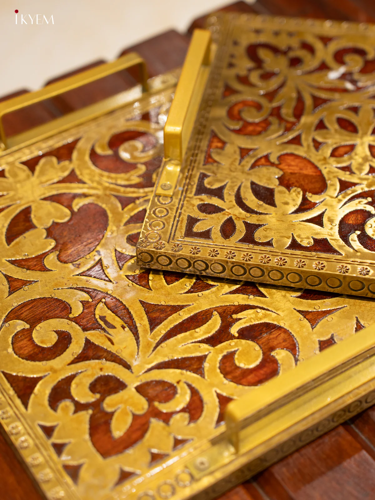 Intricately Carved Wooden Serving Tray Set with Brass Inlay - Image 4