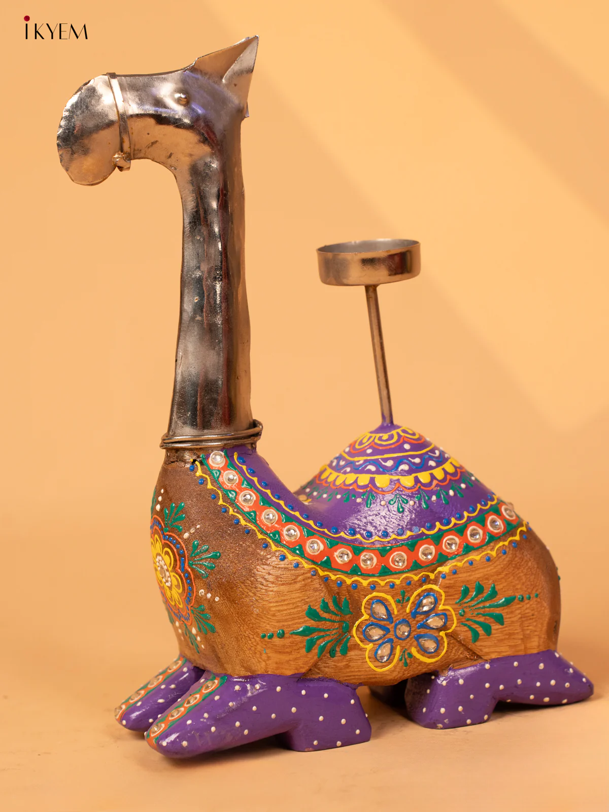 Iron & Wooden Hand Painted Camel tealight candle stand - 4JJ01017 - Image 2