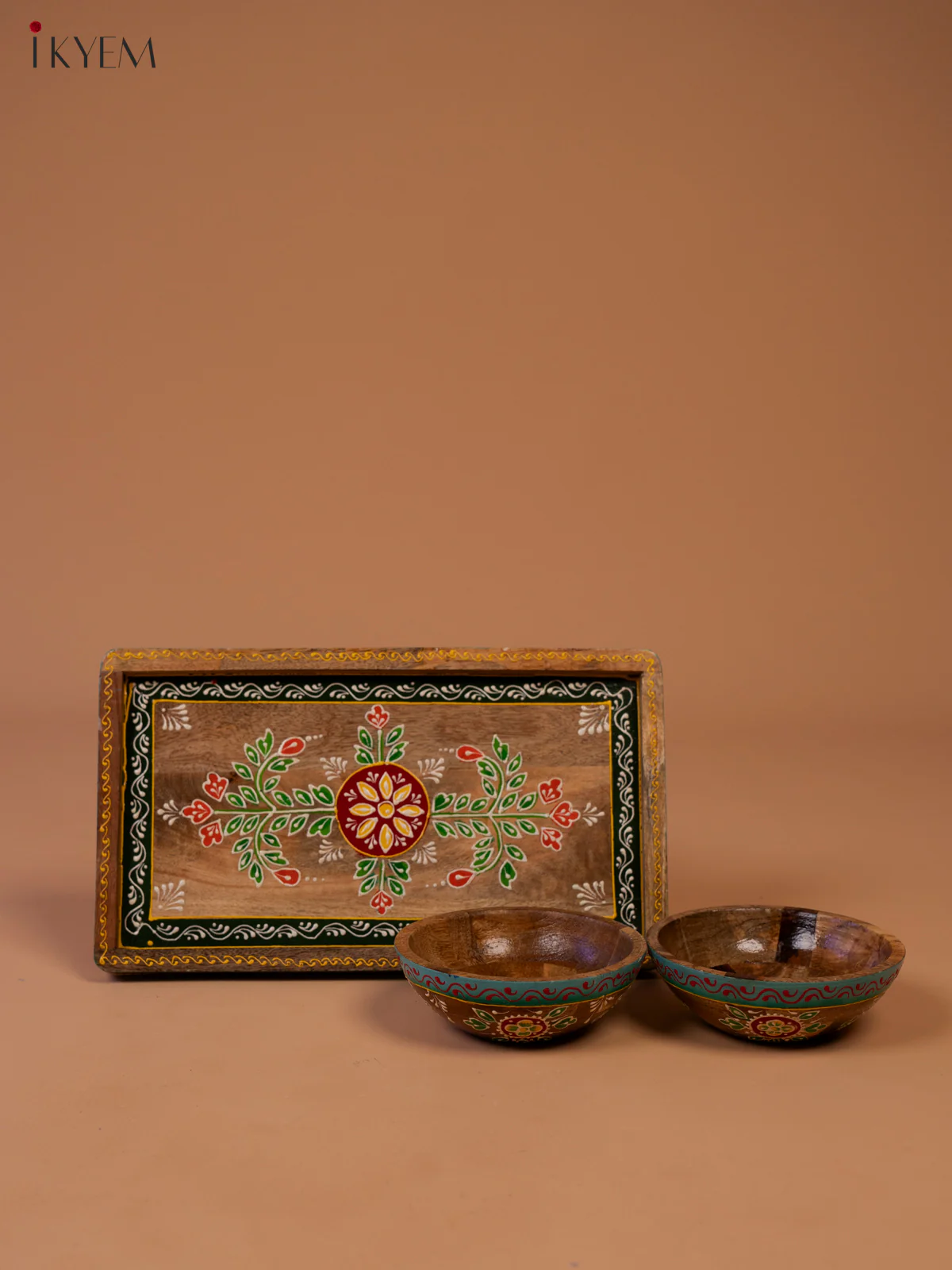 Hand Painted Wooden Serving Tray with  2 Bowls - Image 2