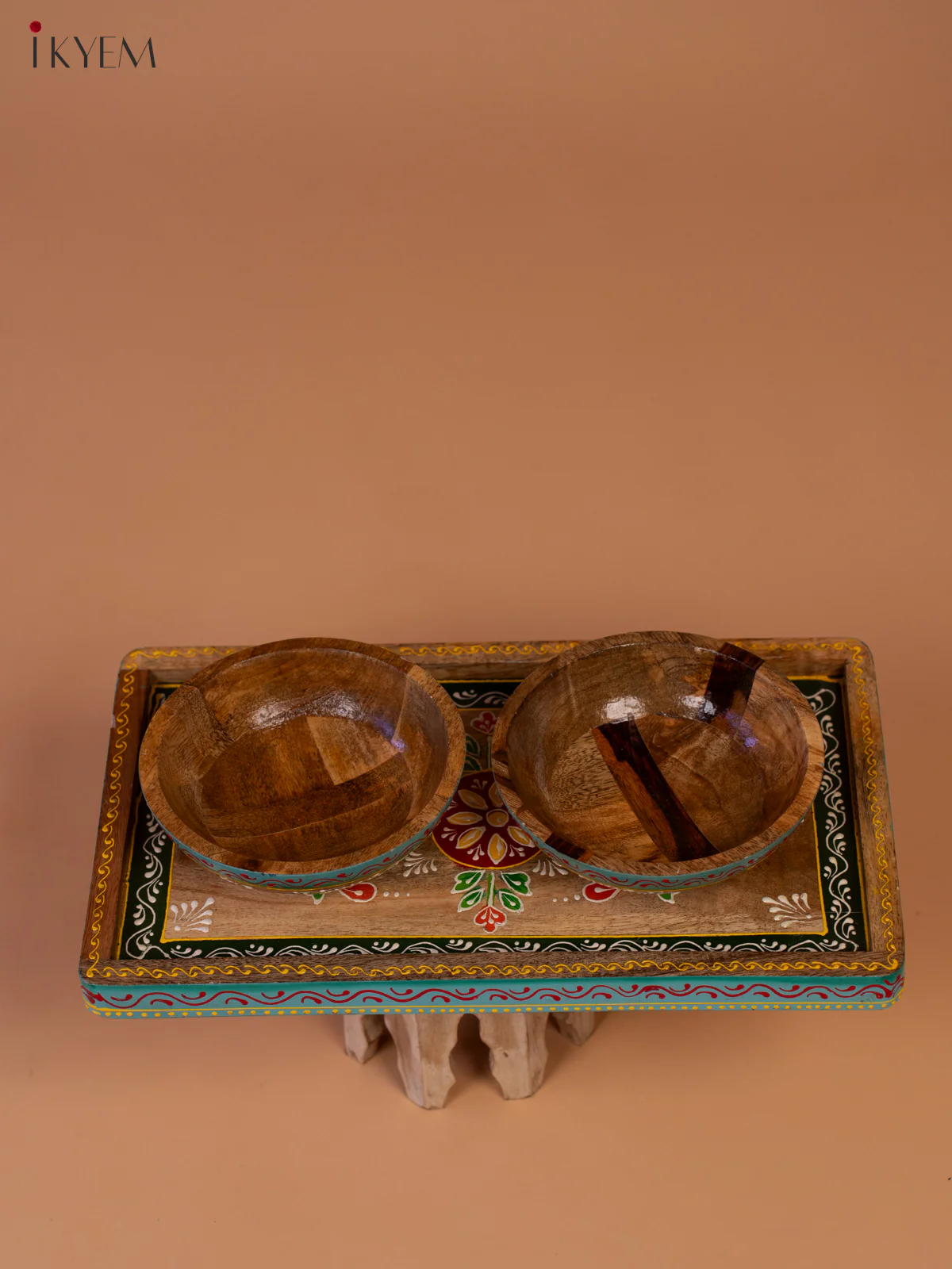 Hand Painted Wooden Serving Tray with  2 Bowls - Image 4