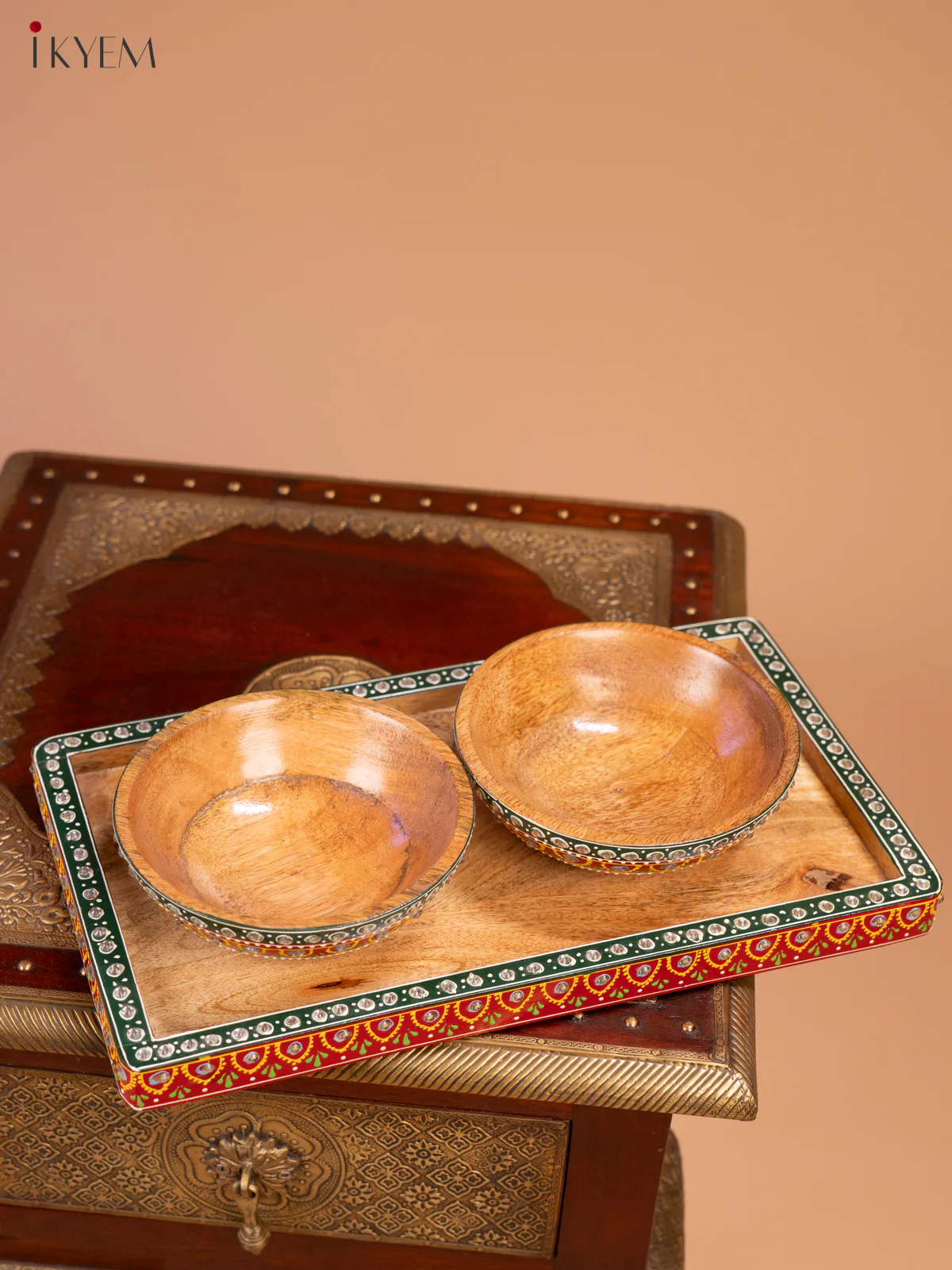 Hand Painted Wooden Tray with 2 Bowls - 4JJ01026 - Image 2