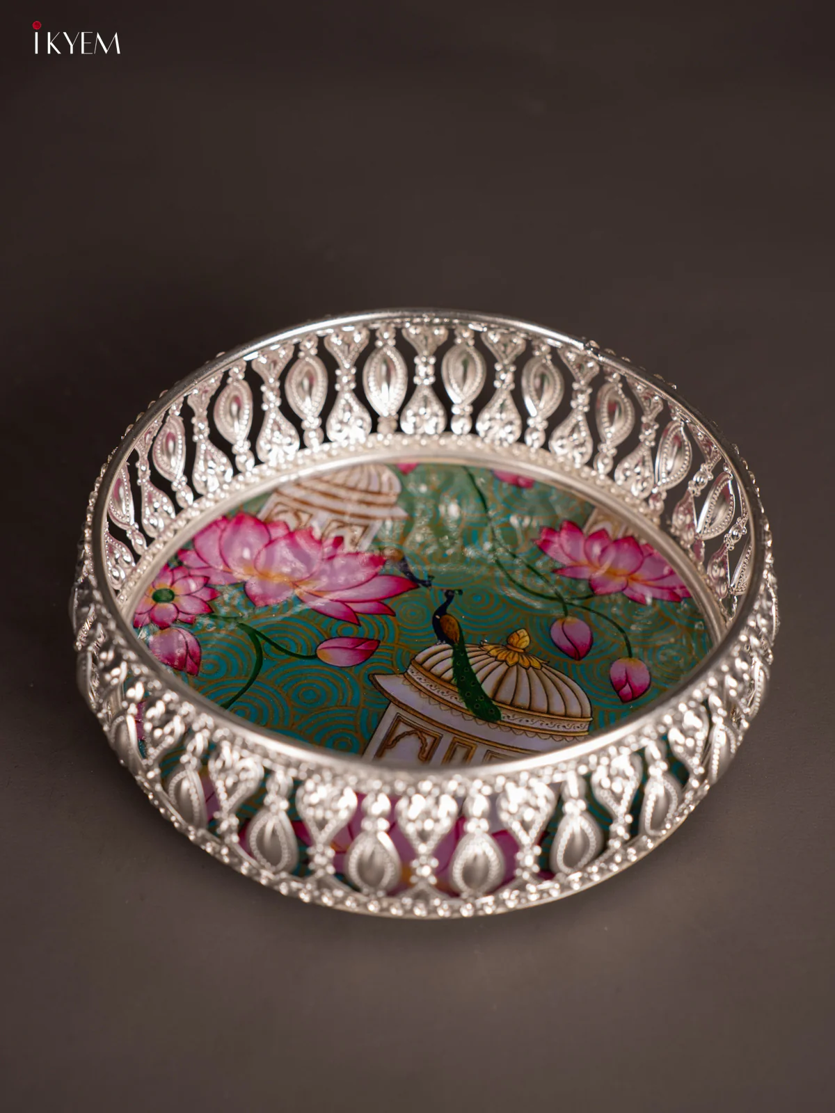 Unique Lotus & Peacock Printed German Silver Tray (6 Inches) -  KH07188 - Image 2