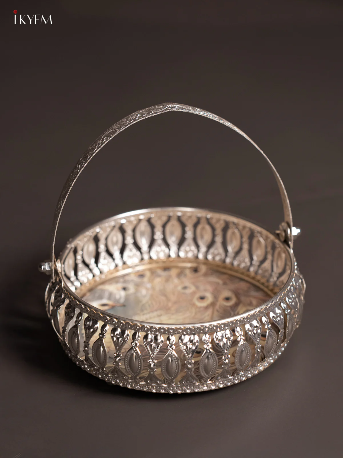 White Peacock Digital Printed German Silver Tray With Handle - 6 Inch - KK06118