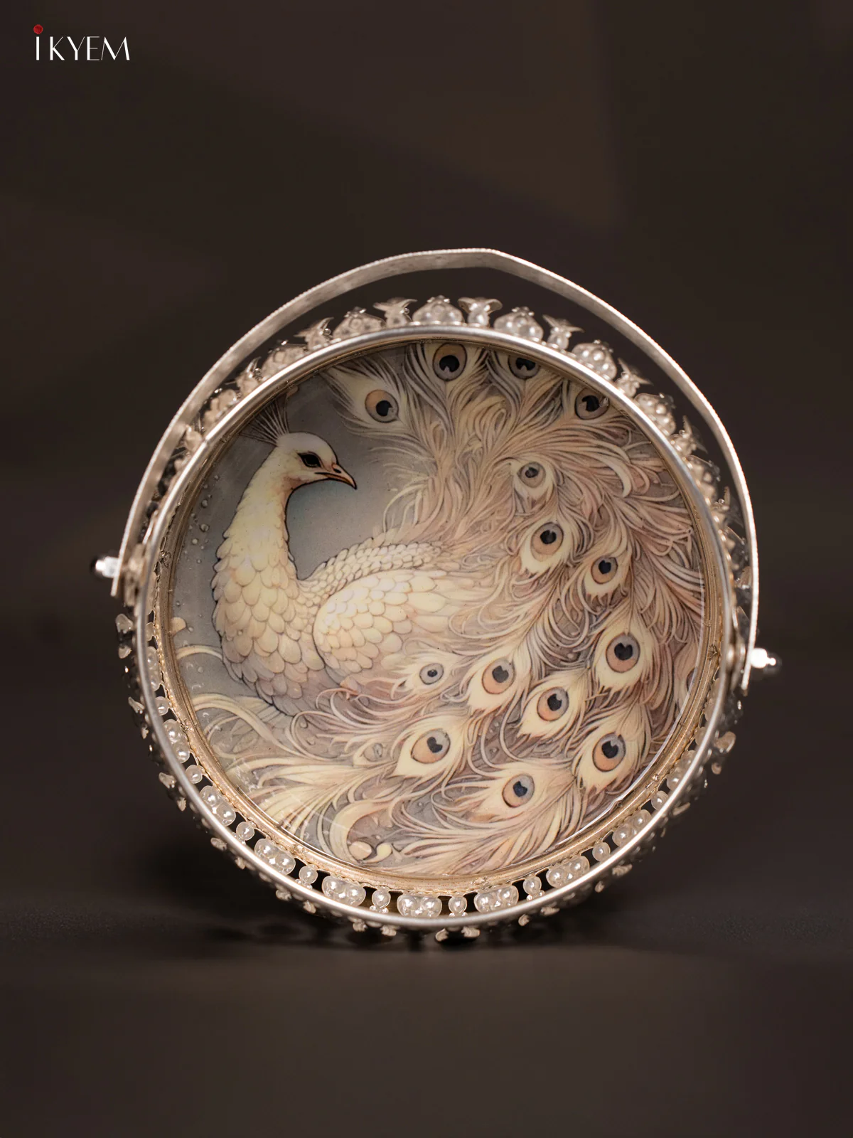 White Peacock Digital Printed German Silver Tray With Handle - 6 Inch - KK06118 - Image 2