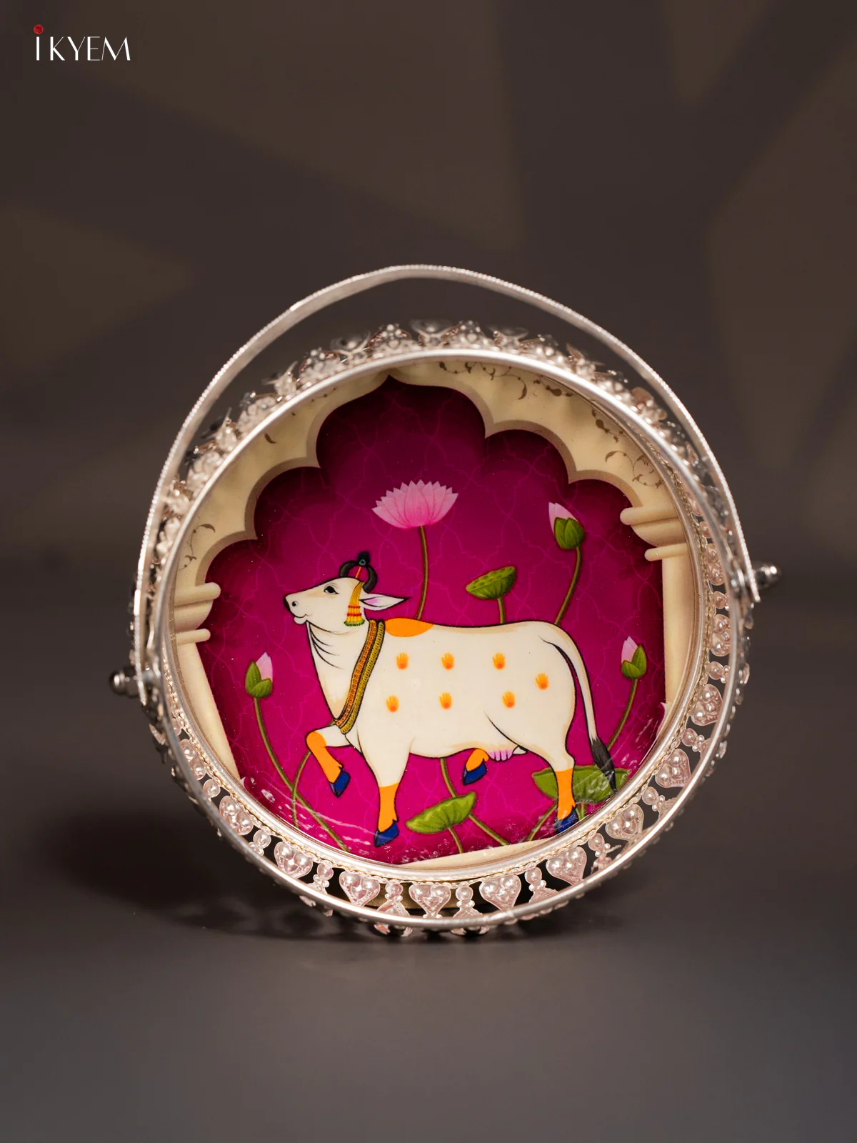 Pichwai Cow Digital Printed German Silver Tray With Handle - Purple- 6 Inch - KK06114 - Image 3