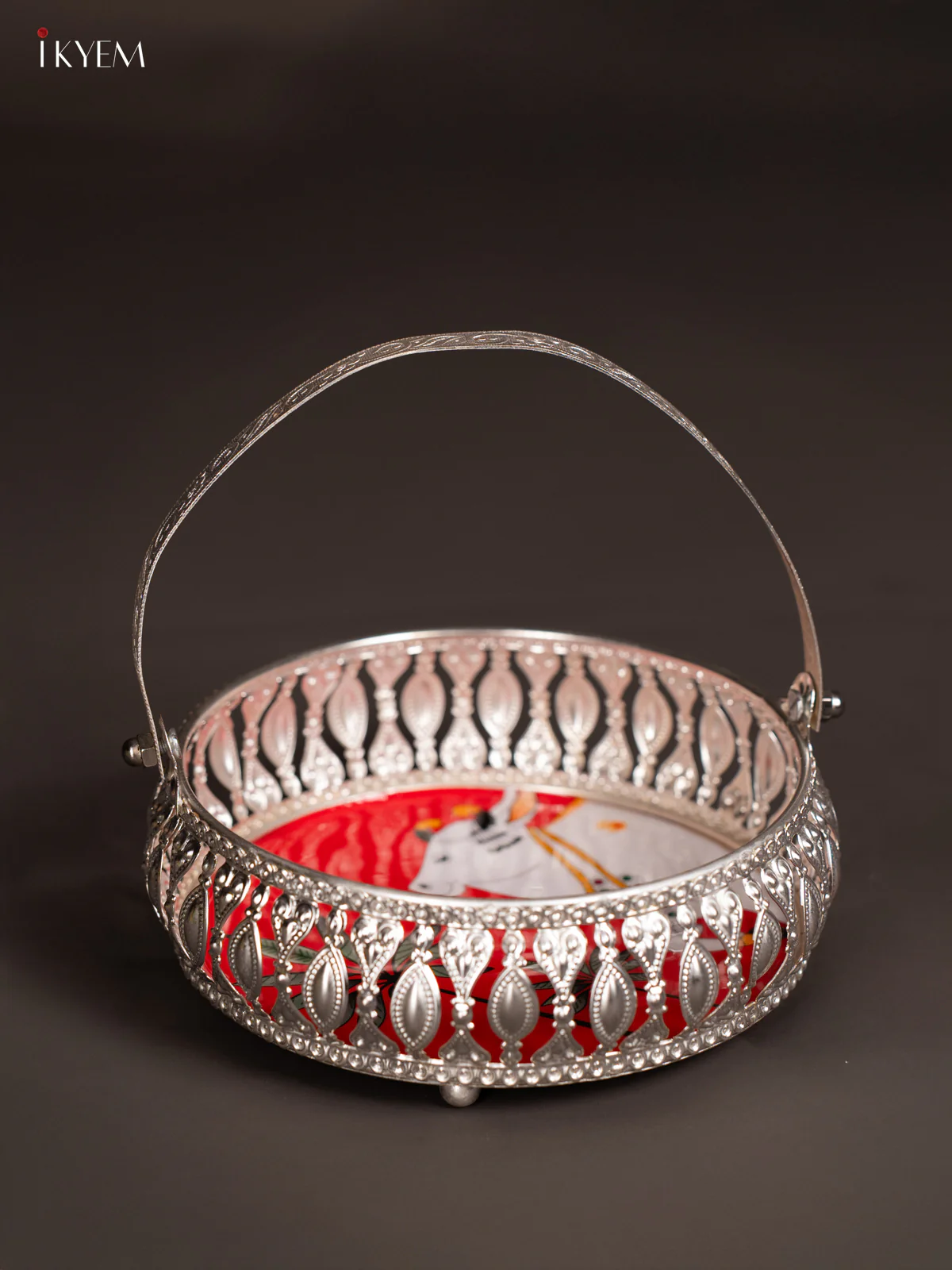 Pichwai Cow Digital Printed German Silver Tray With Handle - Red - 6 Inch - KK06115 - Image 4