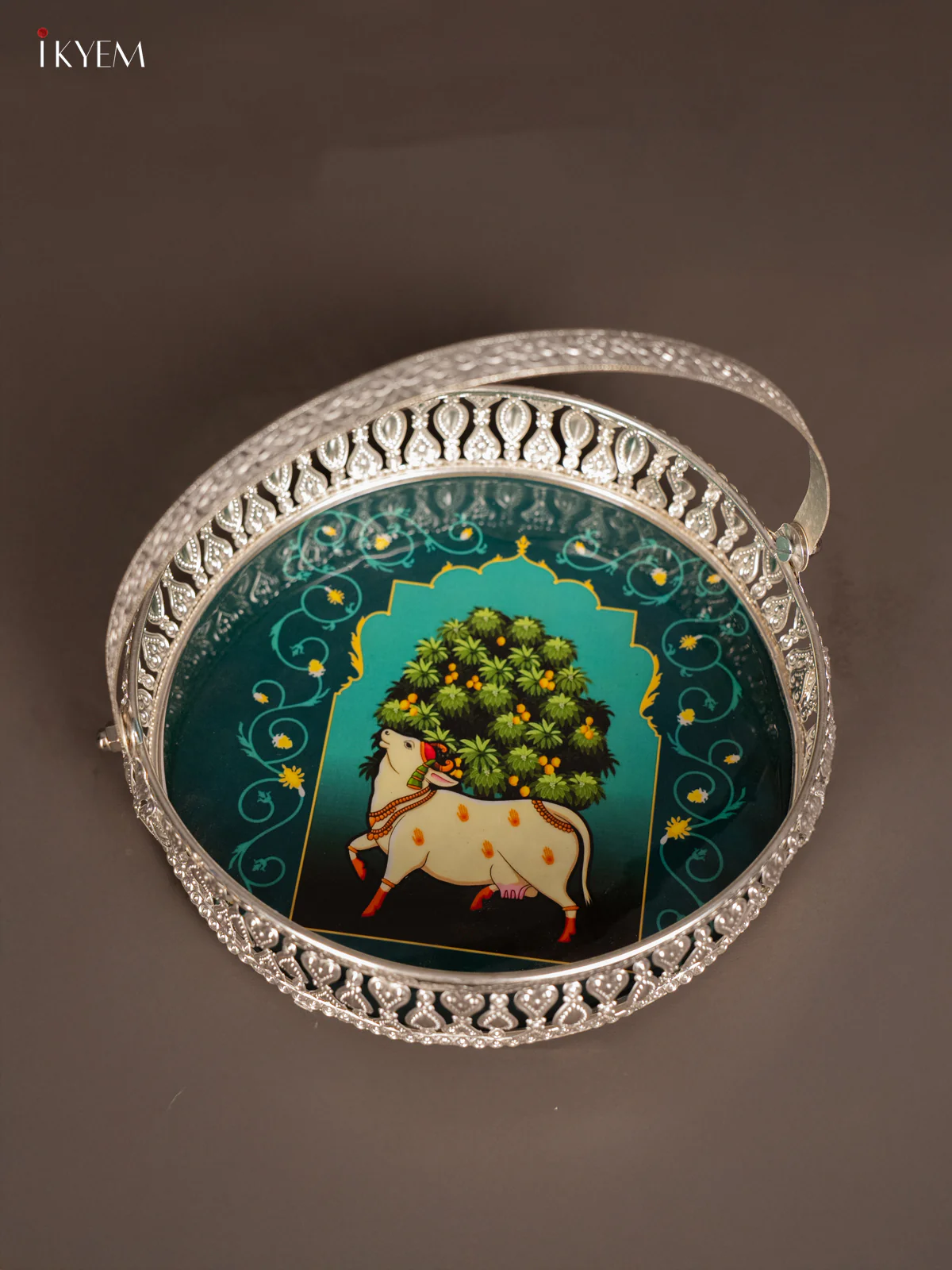 Elegant Pichwai Cow Printed Teal German Silver Tray With Handle (8 Inches) - KK06122 - Image 4