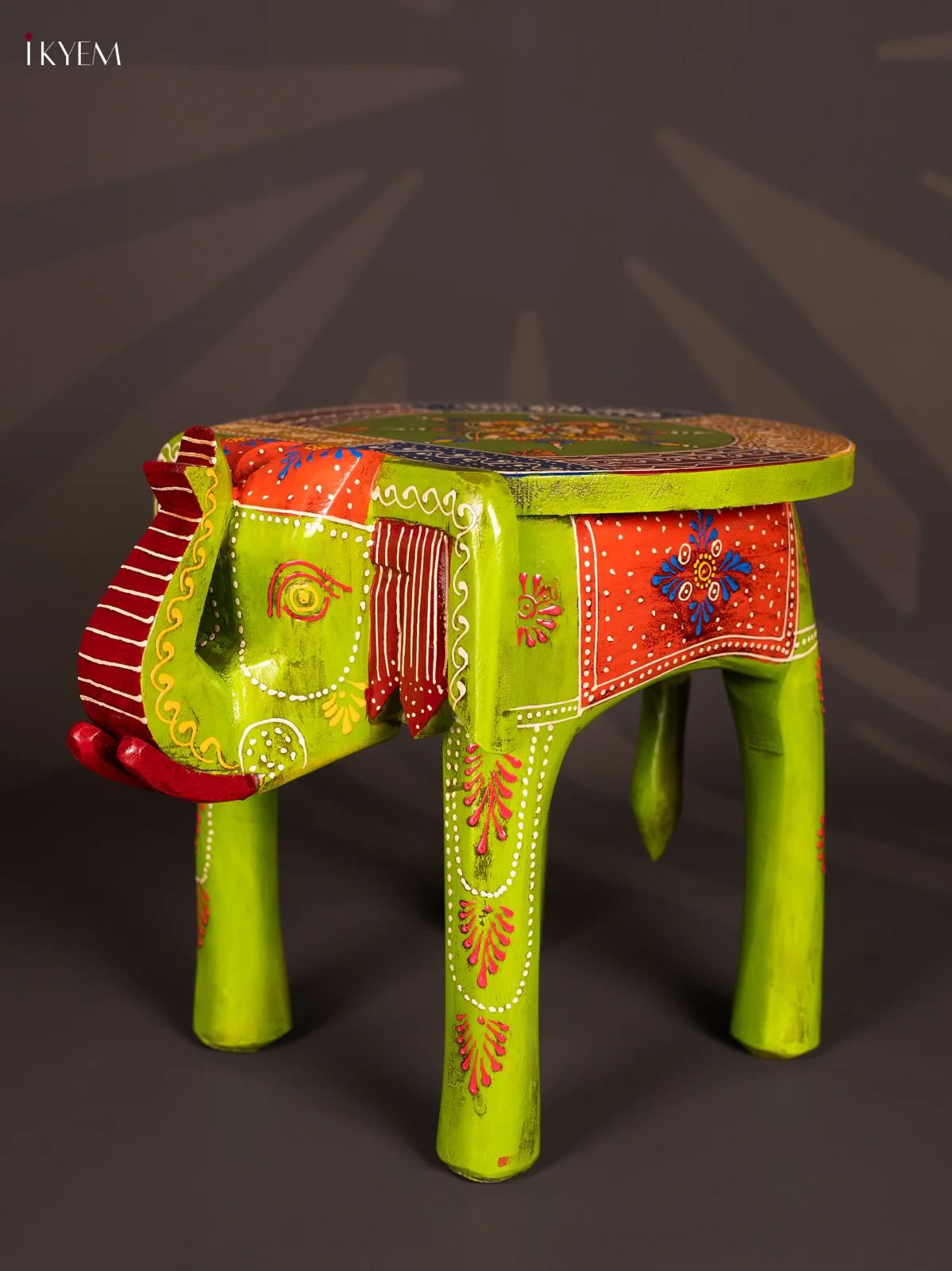 HandPainted Wooden Elephant Stool - 12 Inch - Parrt Green