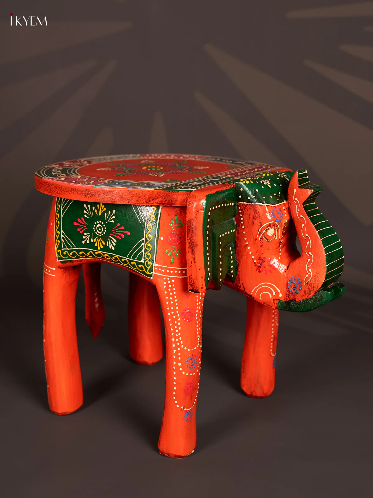 HandPainted Wooden Elephant Stool - 12 Inch - Orange - AA02174