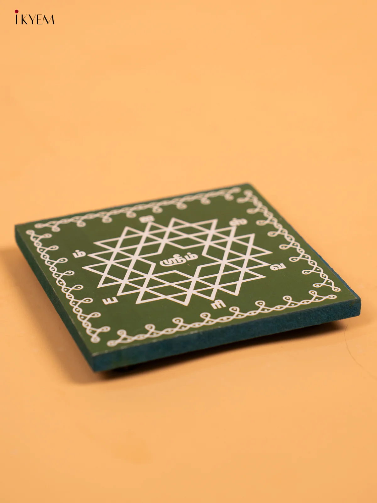 Square Shaped Wooden Manai With Aishwarya Kolam Print - KA30114 - Image 7