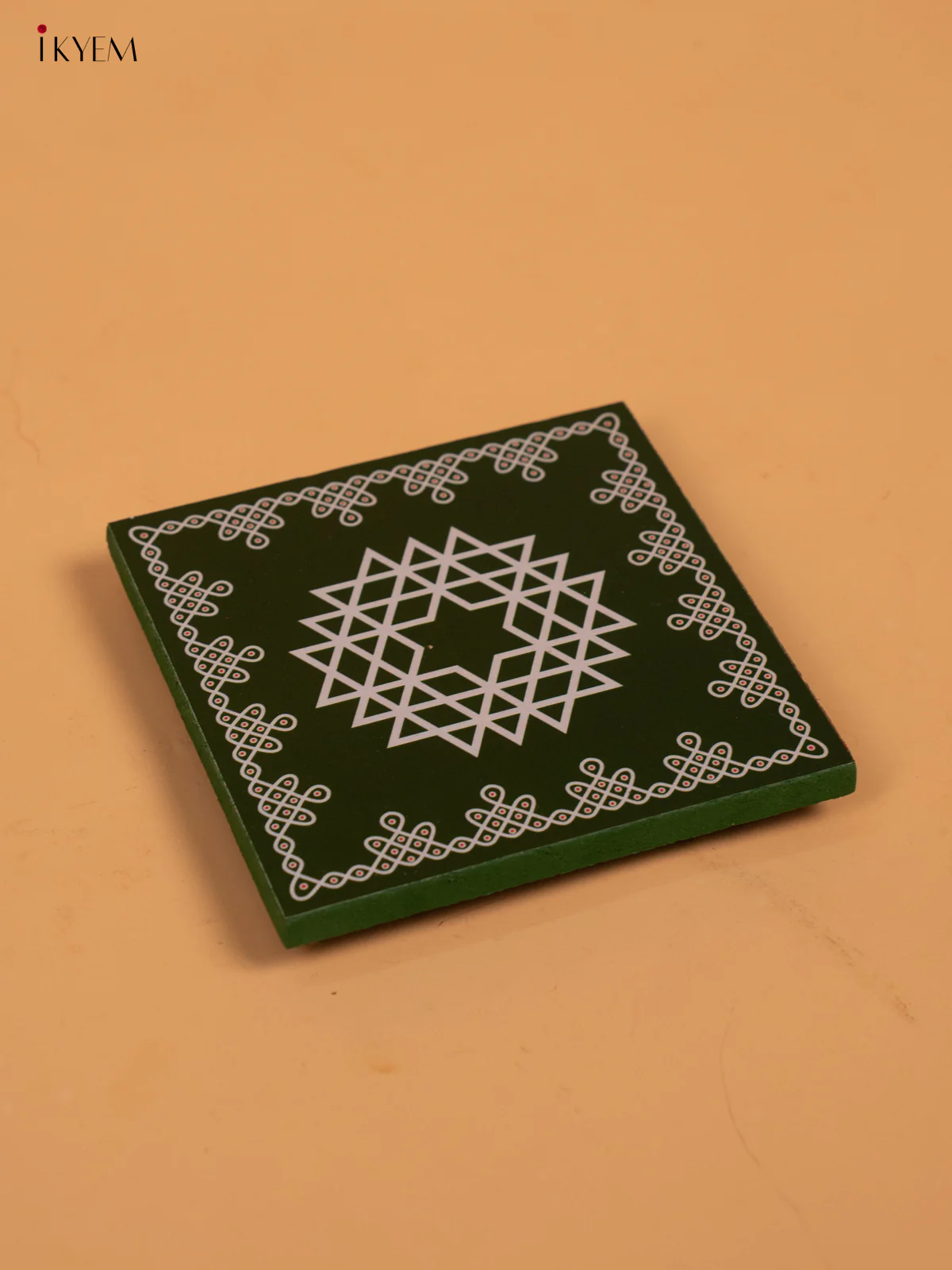 Square Shaped Wooden Manai With Aishwarya Kolam Print - KA30115 - Image 5
