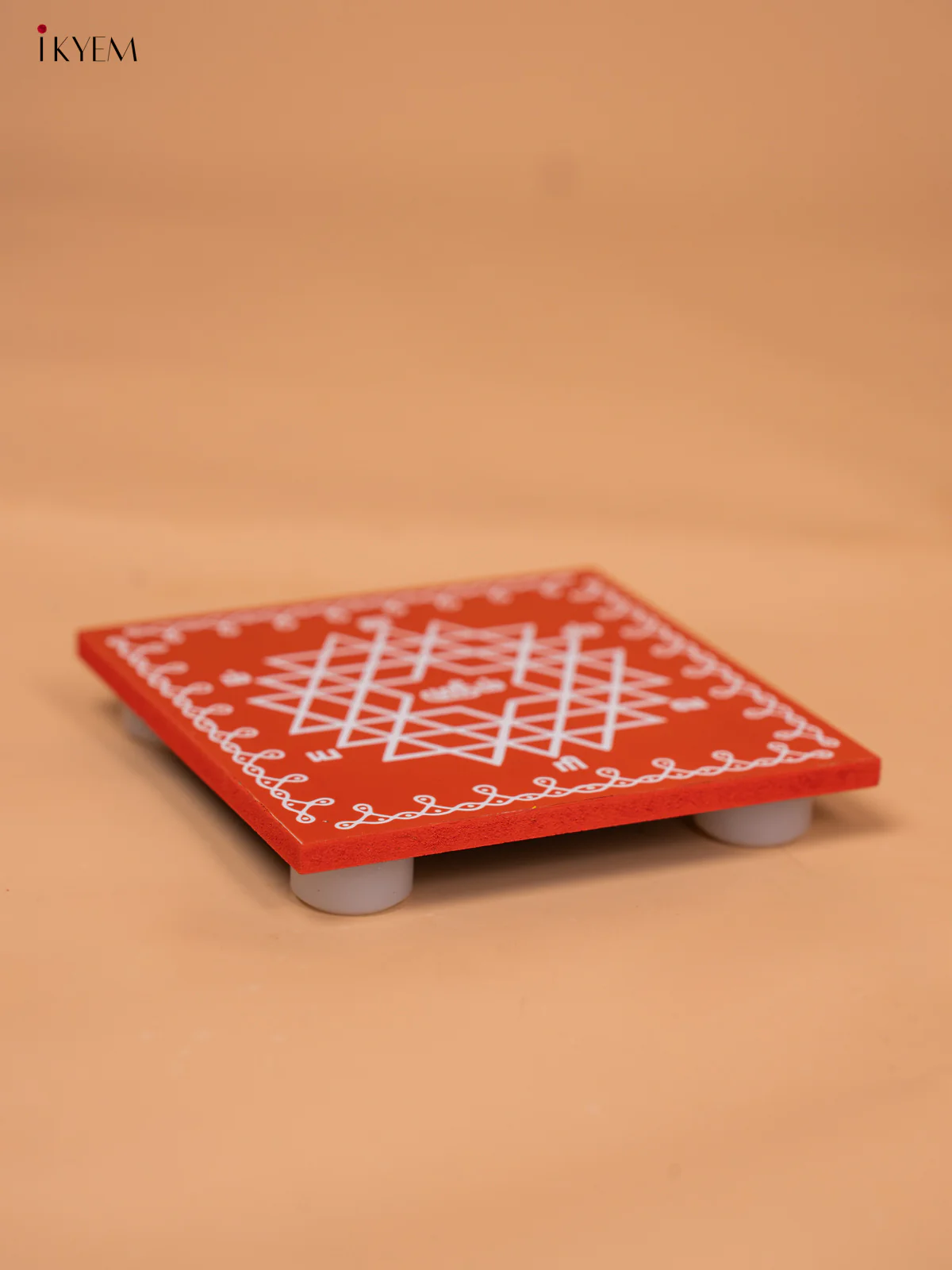 Square Shaped Wooden Manai With Aishwarya Kolam Print - KD18177 - Image 9
