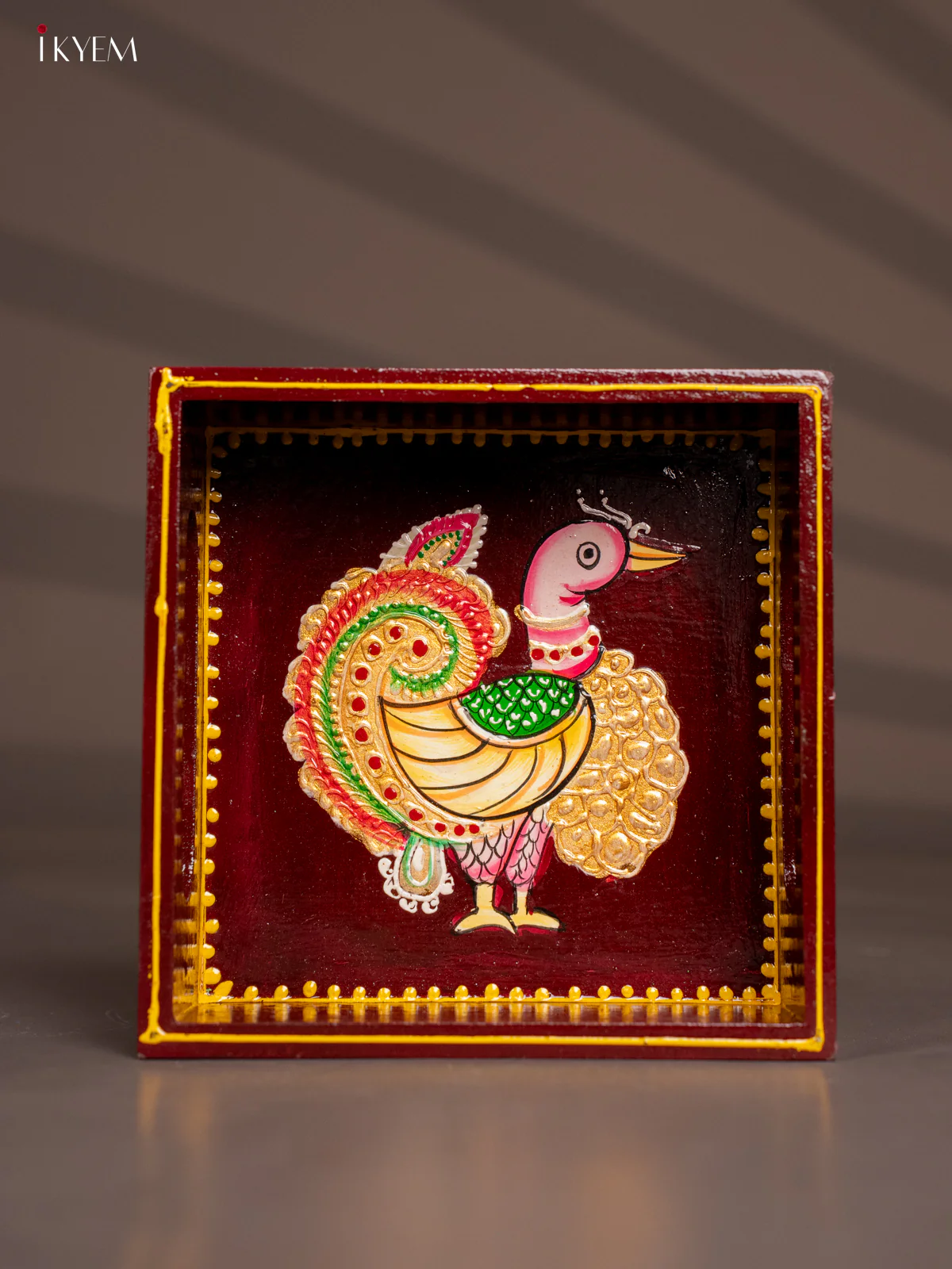 Annapakshi Hand-Painted Wooden Tray - Marron - (6x6) Inch - KH08114 - Image 2