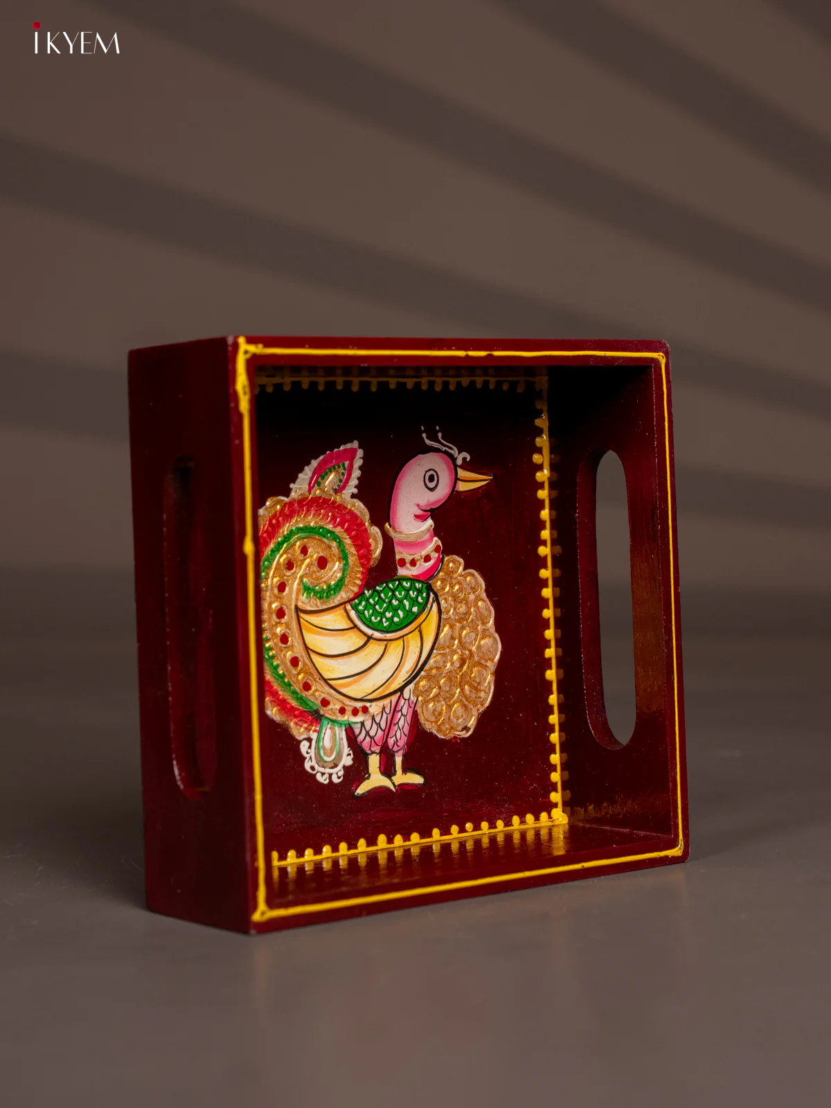 Annapakshi Hand-Painted Wooden Tray - Marron - (6x6) Inch - KH08114 - Image 4