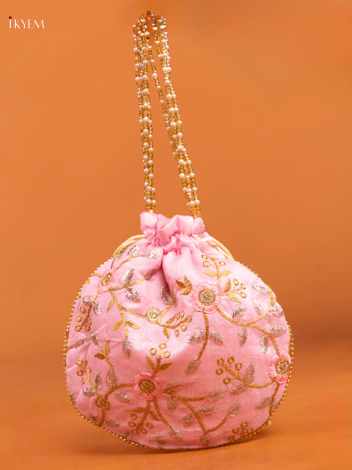 Cute Baby Pink Potli Bag With Embroidered Floral Design - KD26505