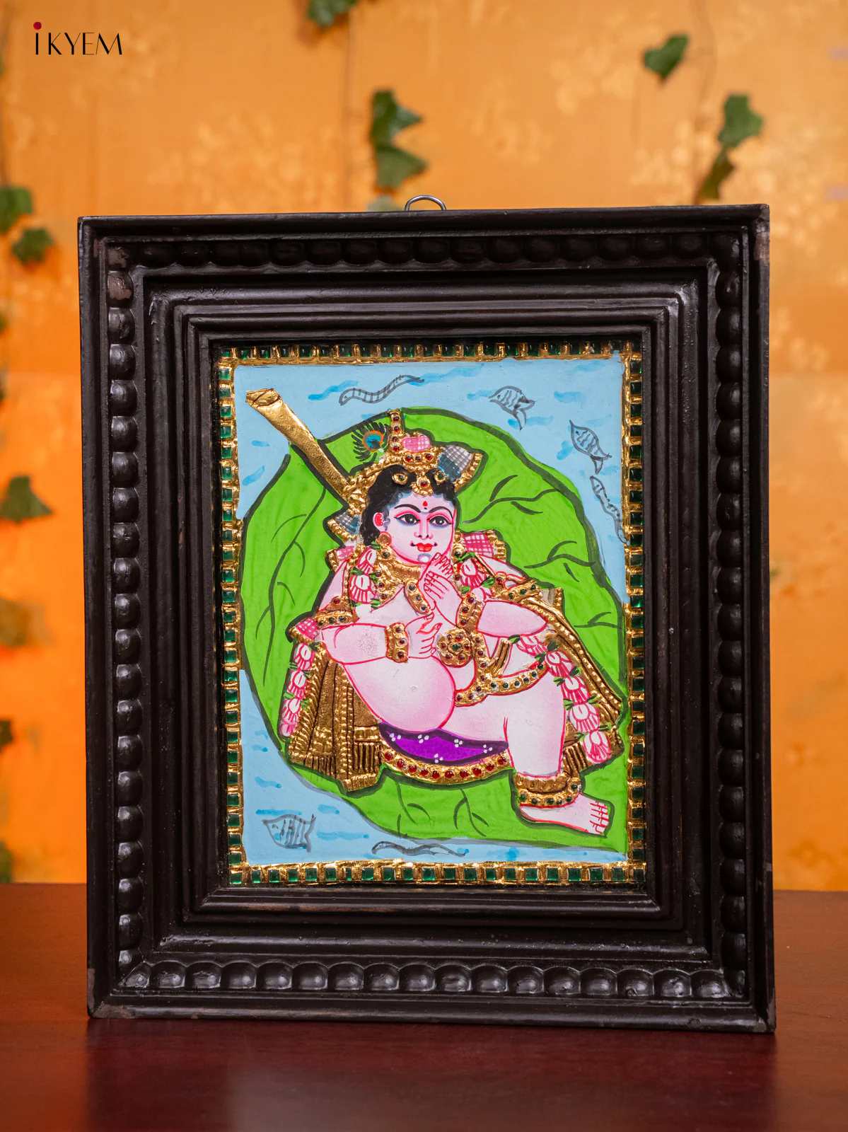 Lord Bala Gopal on Banyan Leaf  Tanjore painting - (13x11) Inch - KH26149