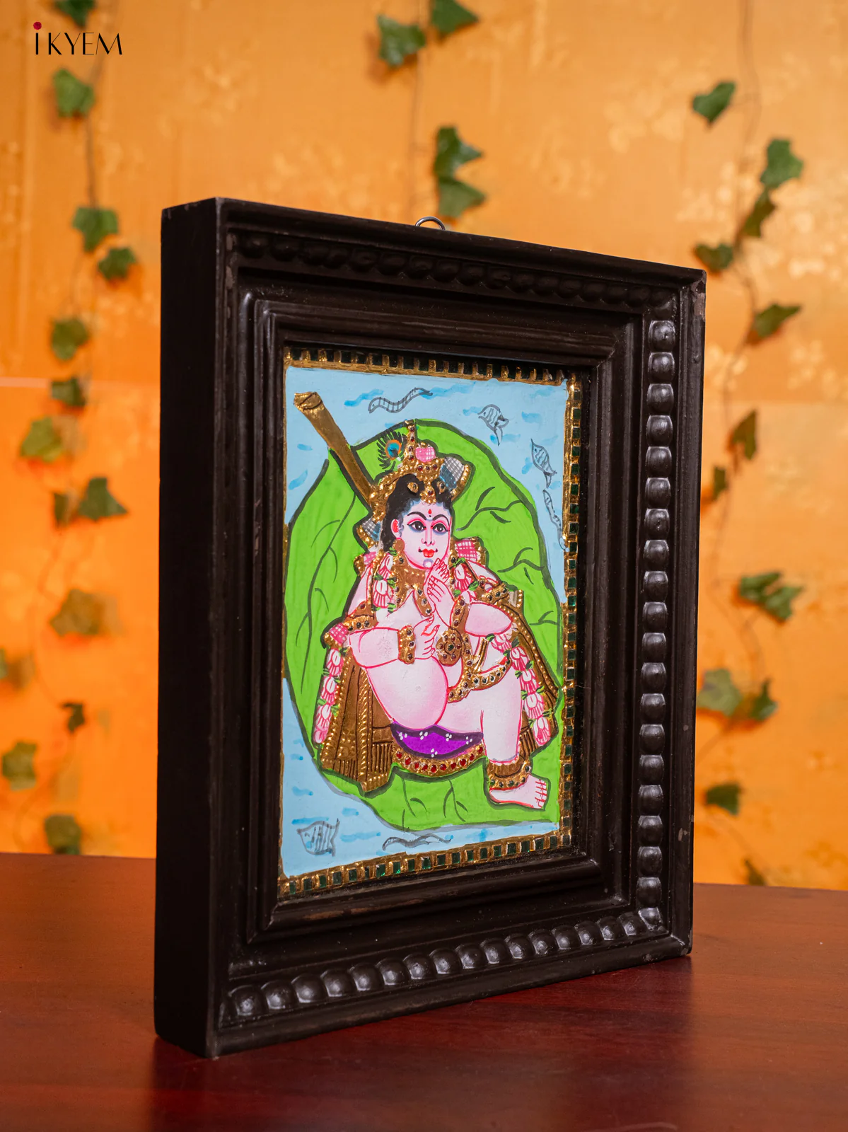 Lord Bala Gopal on Banyan Leaf  Tanjore painting - (13x11) Inch - KH26149 - Image 2