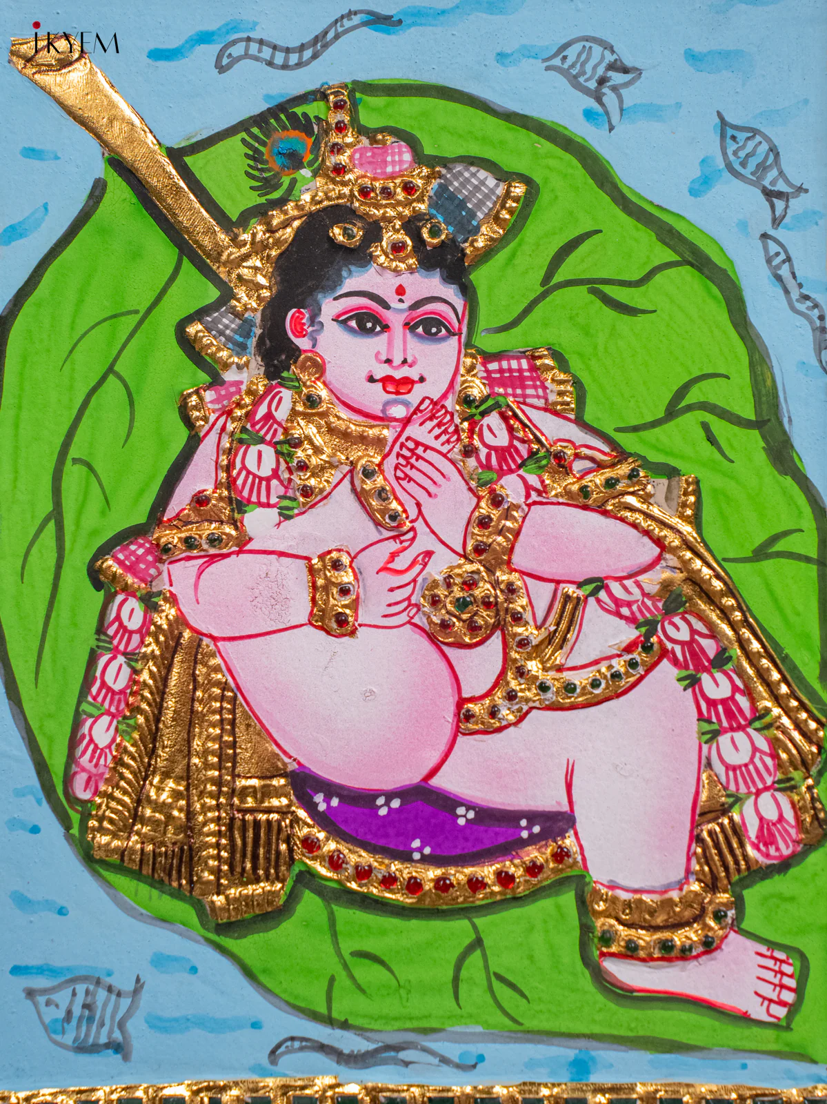 Lord Bala Gopal on Banyan Leaf  Tanjore painting - (13x11) Inch - KH26149 - Image 3