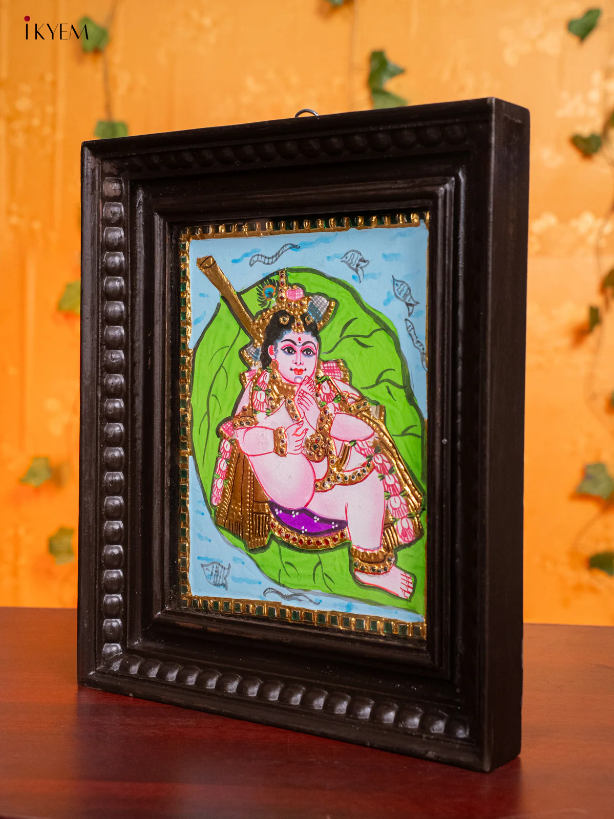 Lord Bala Gopal on Banyan Leaf  Tanjore painting - (13x11) Inch - KH26149 - Image 4