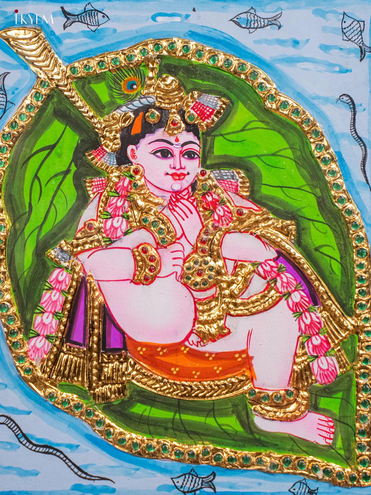 Bala Gopal on Banyan Leaf Tanjore painting - (13x15) Inch - KH26165 - Image 3