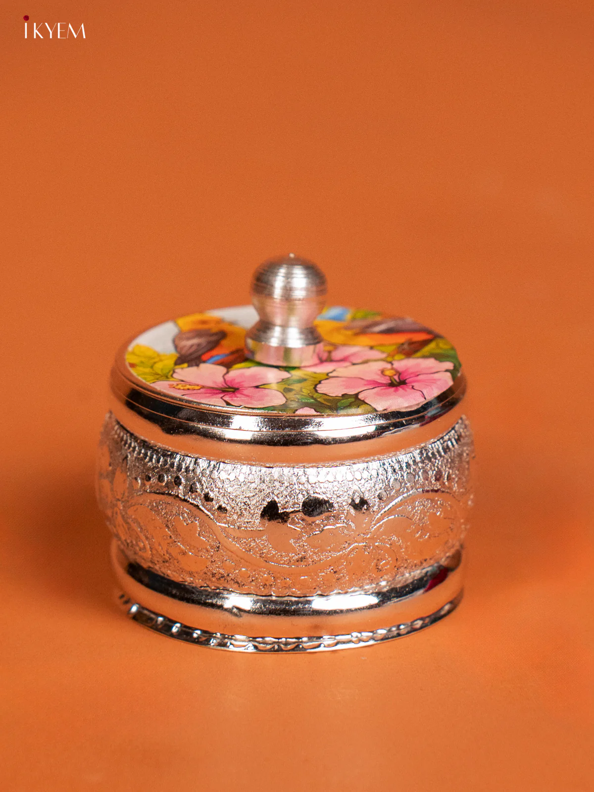 Beautiful Bird Motif Printed German Silver Kumkum Holder - KF10236 - Image 2