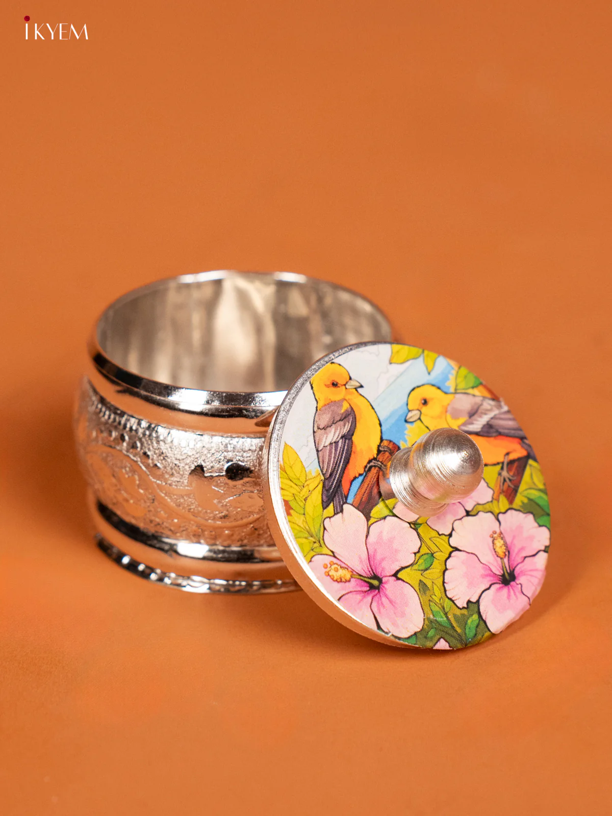 Beautiful Bird Motif Printed German Silver Kumkum Holder - KF10236 - Image 3